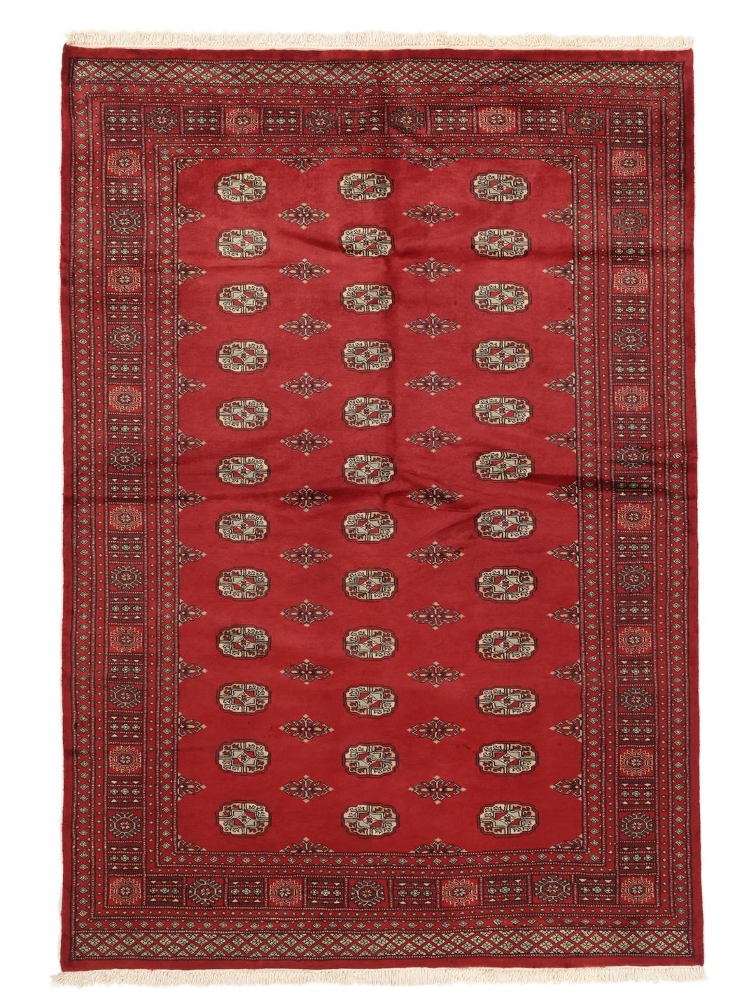 A hand-knotted Pakistan Bokhara 2ply rug in deep red with traditional medallion patterns.