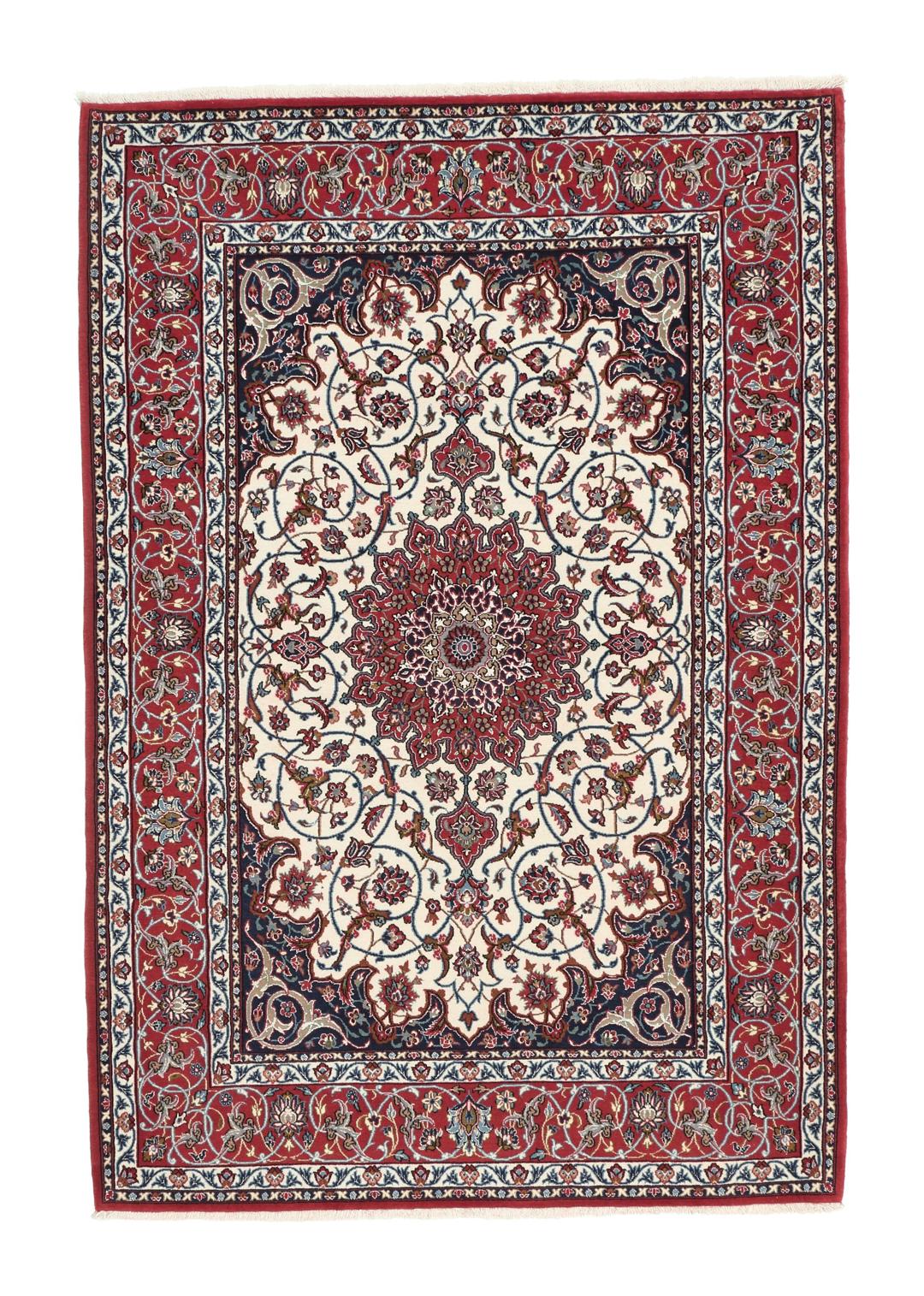 Handgeknoopt Isfahan-tapijt uit het Midden-Oosten in rood en crème
