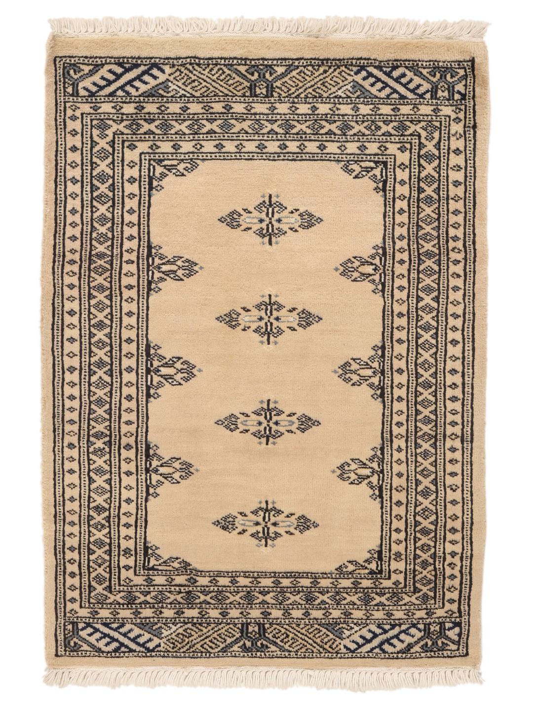 Hand-knotted beige Pakistan Bokhara 2ply rug with geometric motifs