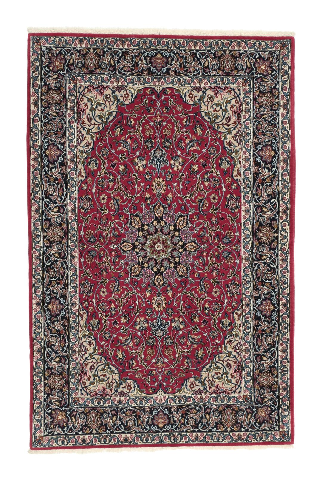 Hand-knotted Isfahan rug with dark-red and black floral patterns