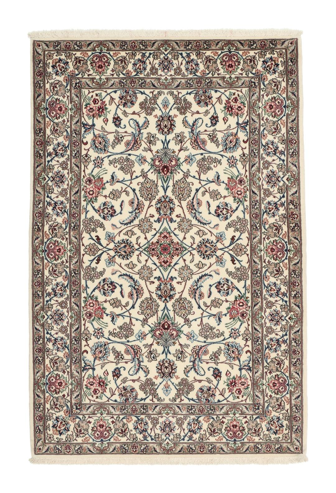 Håndknyttet Isfahan-tæppe fra Mellemøsten med et beige blomstermønster