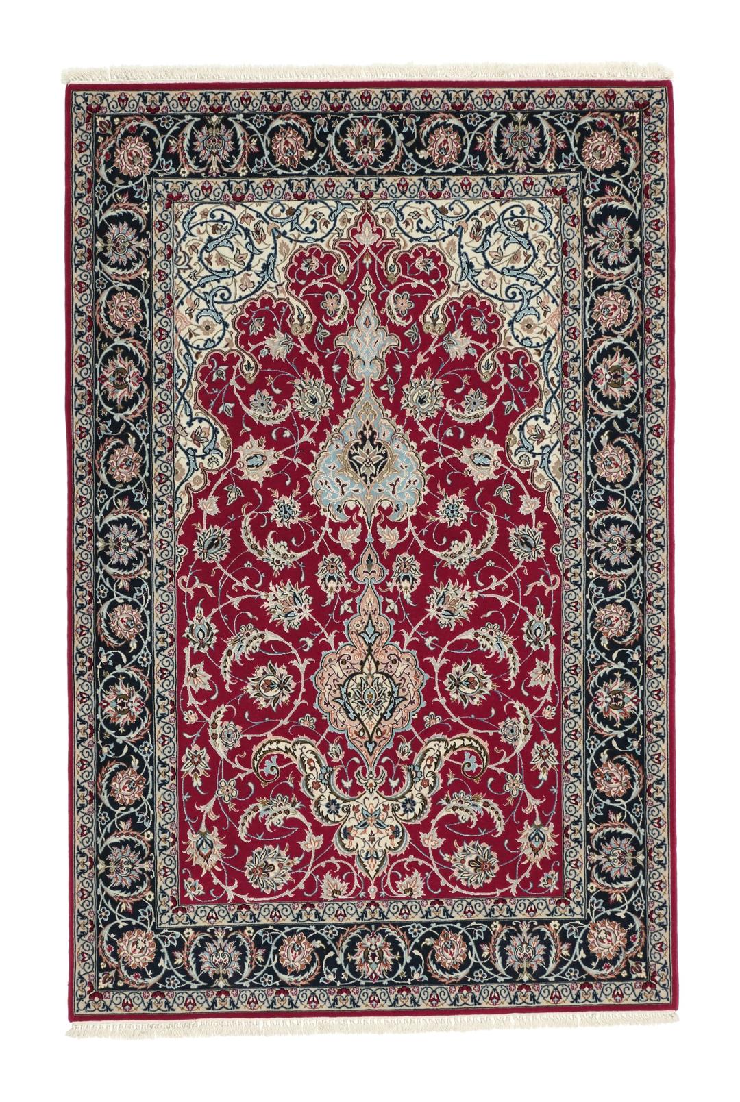 Håndknyttet Isfahan-tæppe fra Mellemøsten i rød og sort