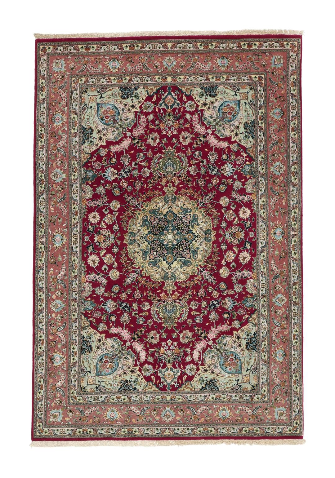 Met de hand geknoopt Tabriz-tapijt uit het Midden-Oosten in rood met bloemmotieven