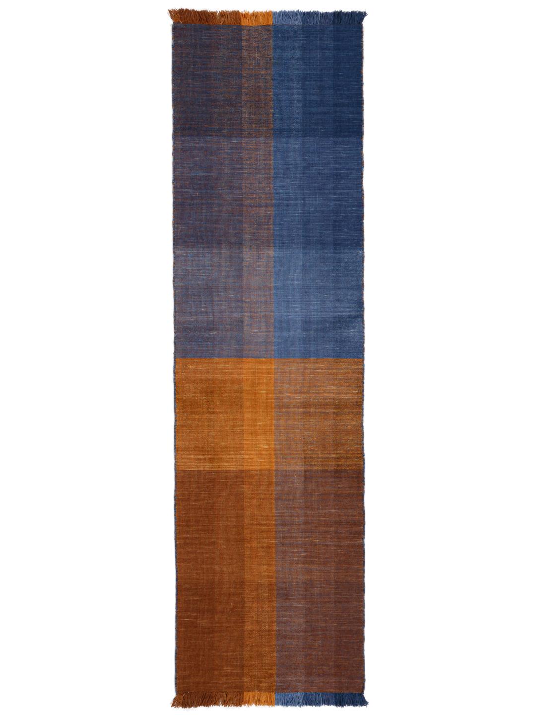 Handgeweven wollen loper in oranje en blauw met franjes