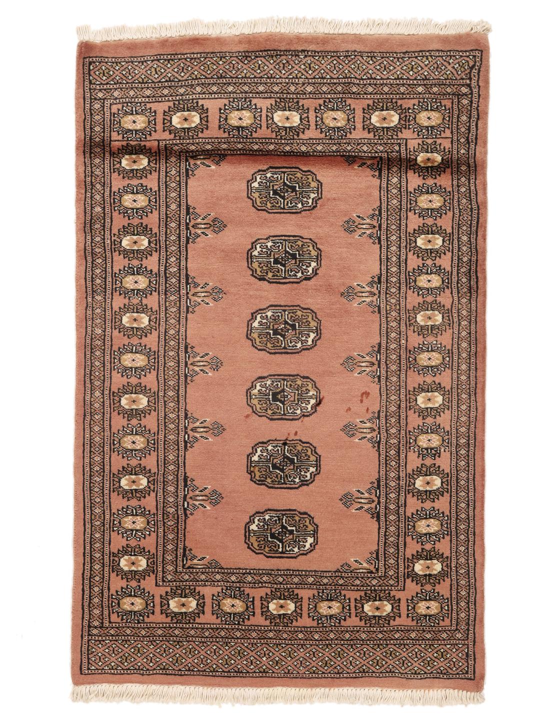 Hand-knotted Pakistan Bokhara rug in red with traditional gul patterns