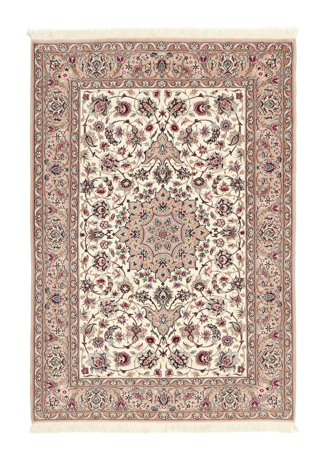 Handgeknoopt Isfahan-tapijt uit het Midden-Oosten met florale patronen in beige en gedempte tinten