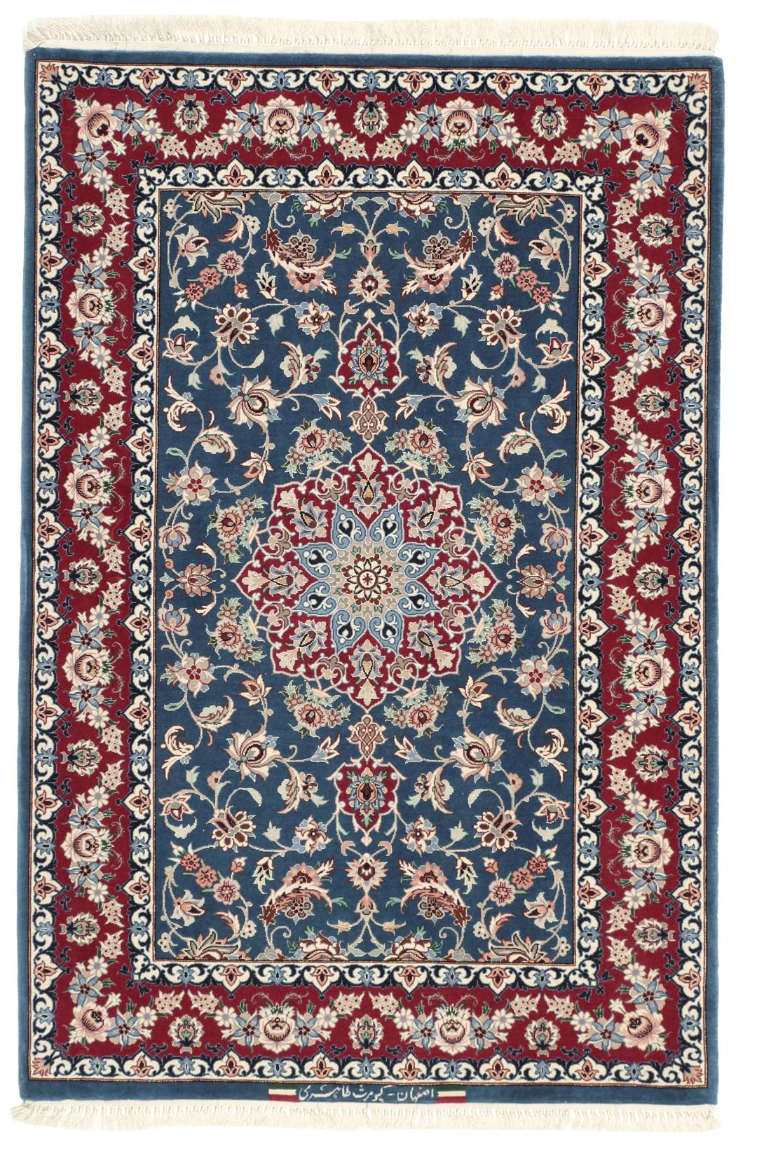 Handgeknoopt Isfahan-tapijt met bloemmotieven in blauw en rood