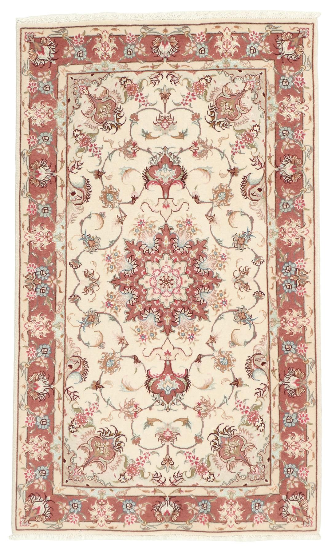 Håndknyttet Tabriz-tæppe med en blomstermedallion i beige og rødt fra Mellemøsten