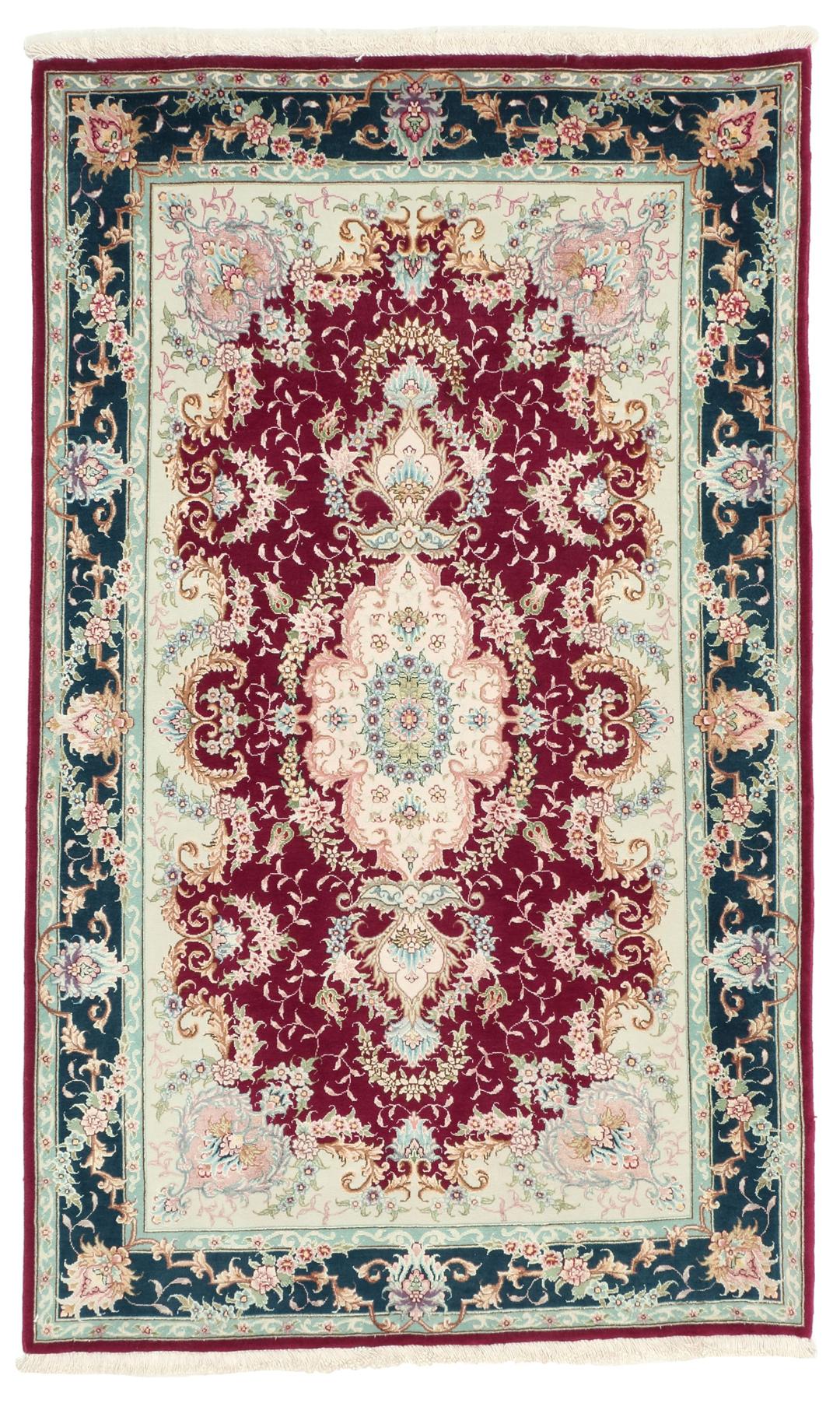 Handgeknoopt Tabriz-tapijt met bloemmotief en medaillon in rood en donkerblauw uit het Midden-Oosten