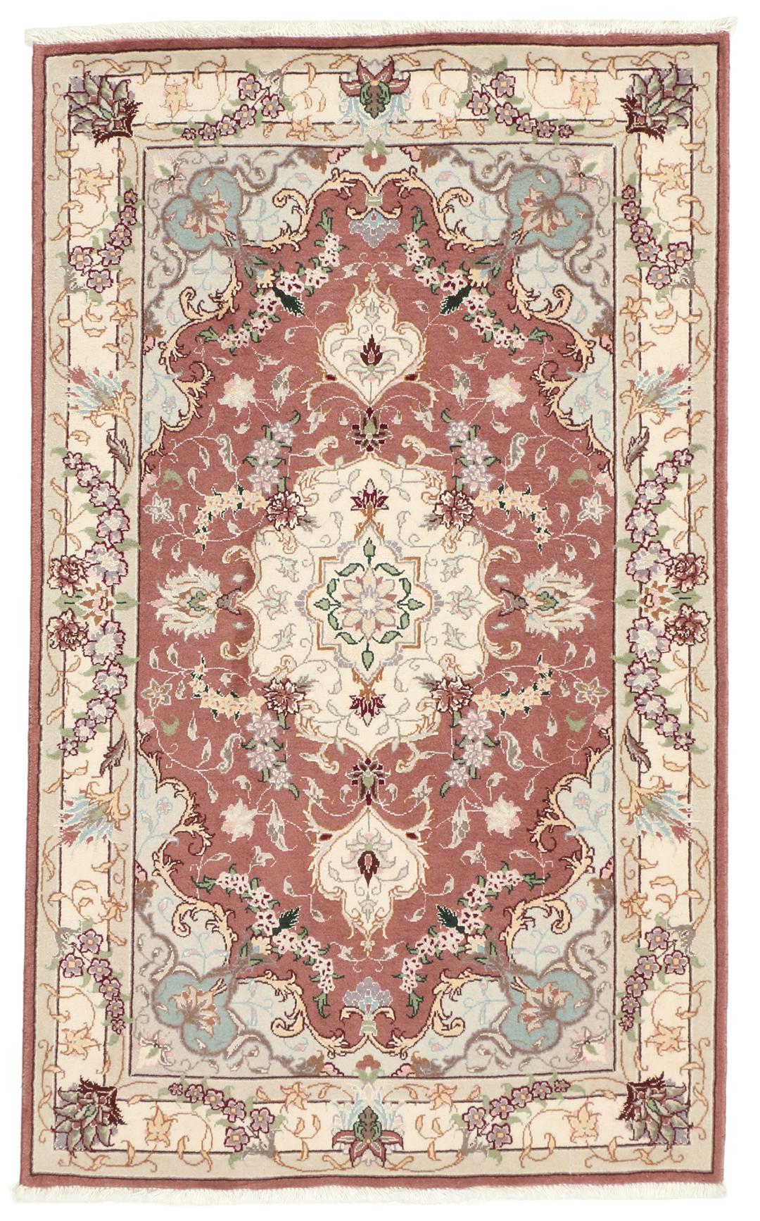 Håndknyttet Tabriz 50 Raj tæppe fra Mellemøsten i røde og cremefarvede toner