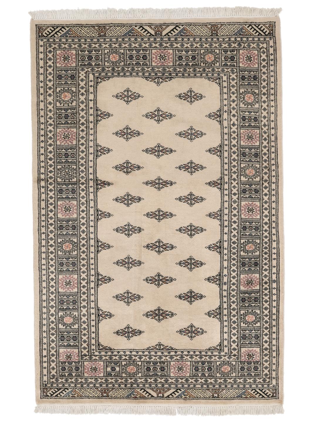 Hand-knotted beige Pakistan Bokhara rug with geometric motifs