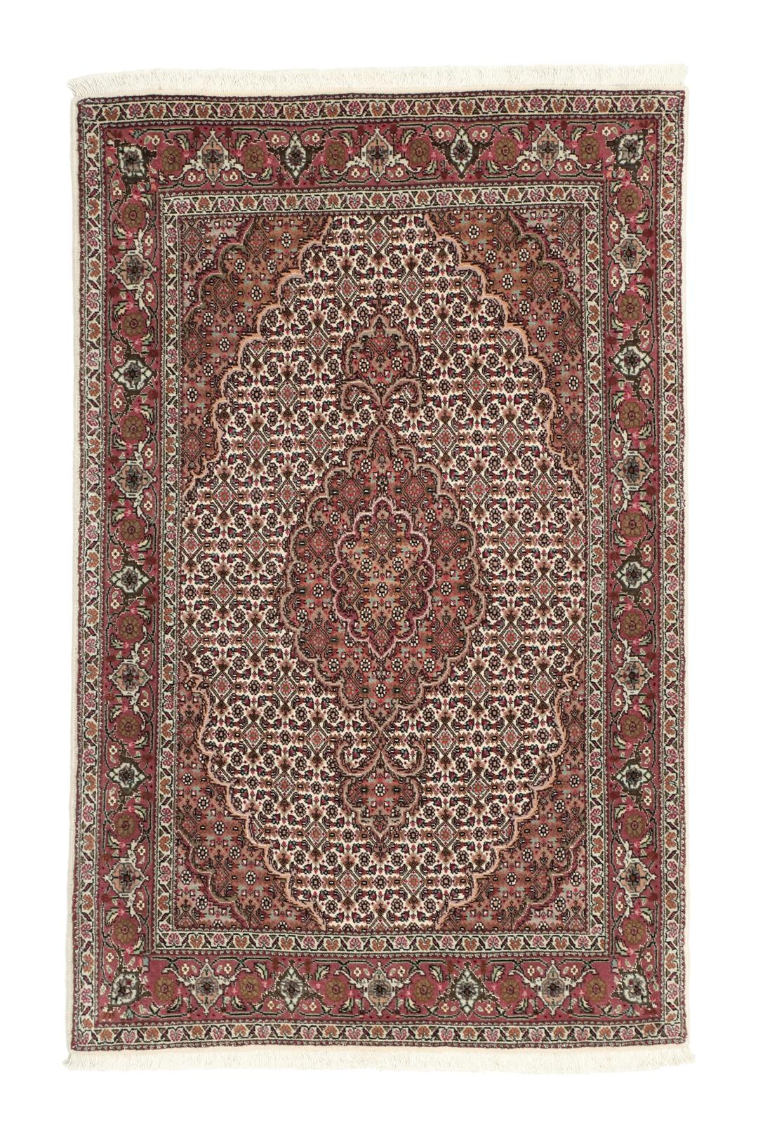 Håndknyttet Tabriz 50 Raj-tæppe med indviklede blomstermotiver i mørkerød og beige