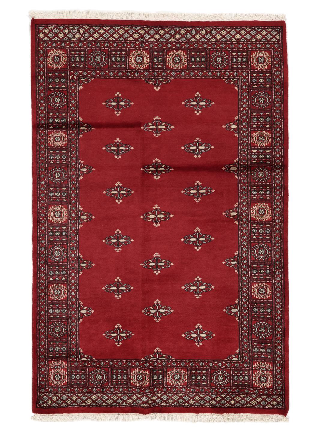 Tapis Pakistan Bokhara 2ply rouge noué à la main avec des motifs géométriques traditionnels