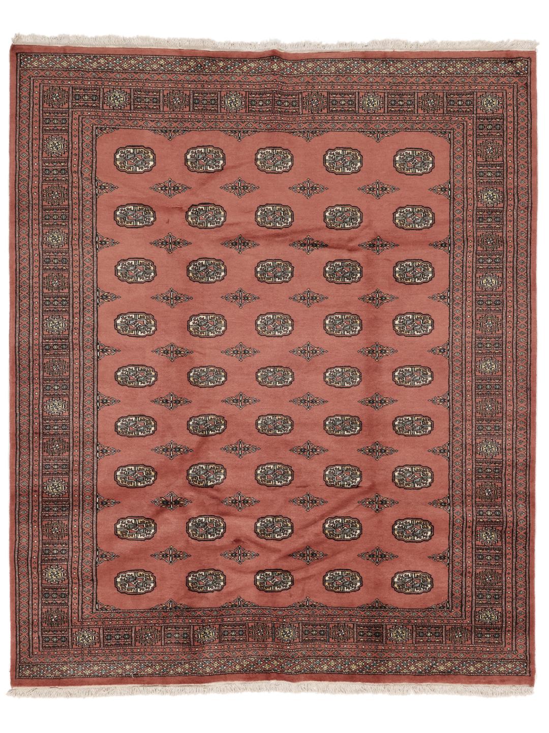 Handgeknüpfter Pakistan Bokhara 2ply Teppich in Dunkelrot mit traditionellen, sich wiederholenden Motiven.