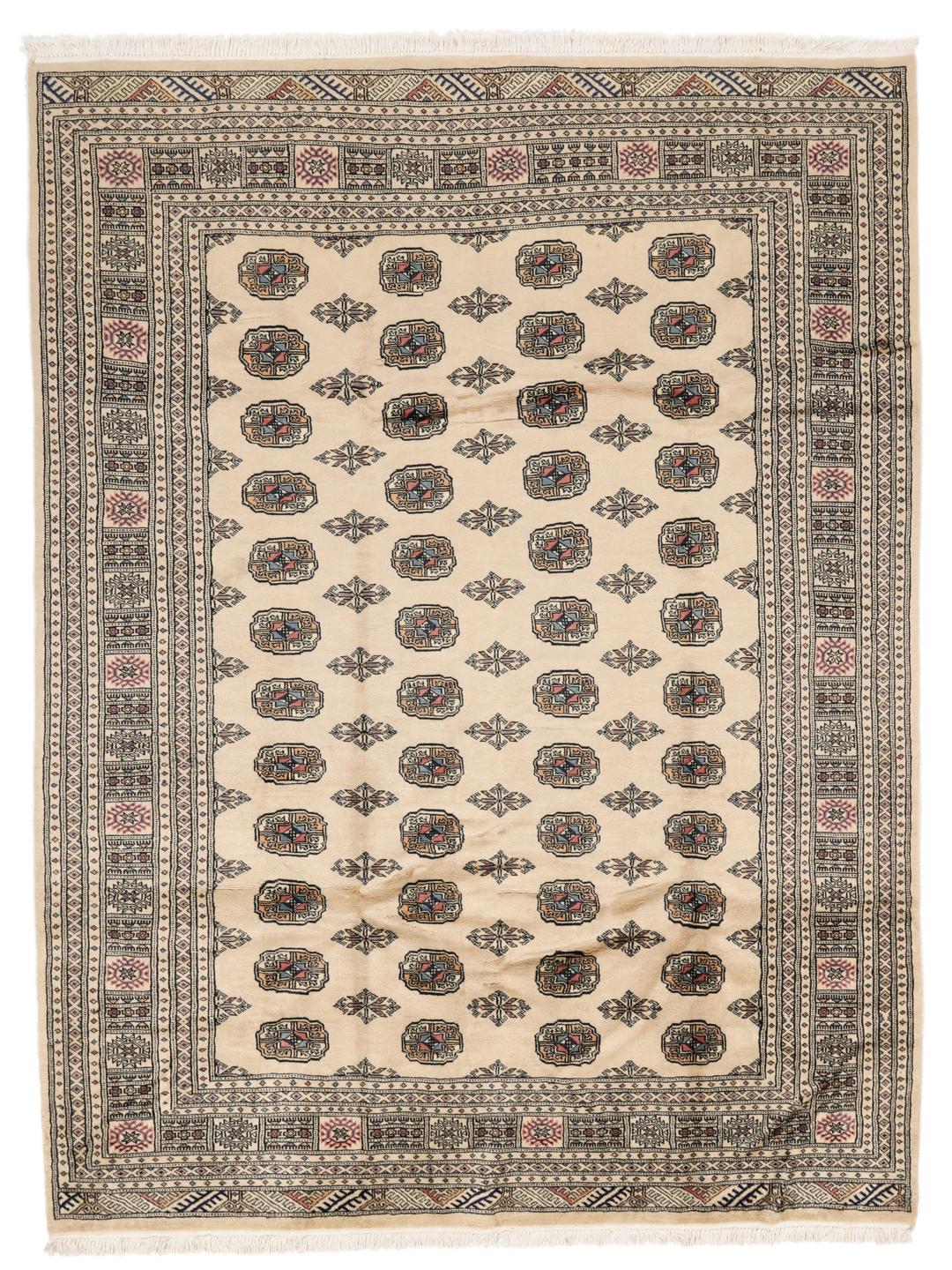 A hand-knotted Pakistan Bokhara 2ply rug with a beige field and traditional repeating motifs.