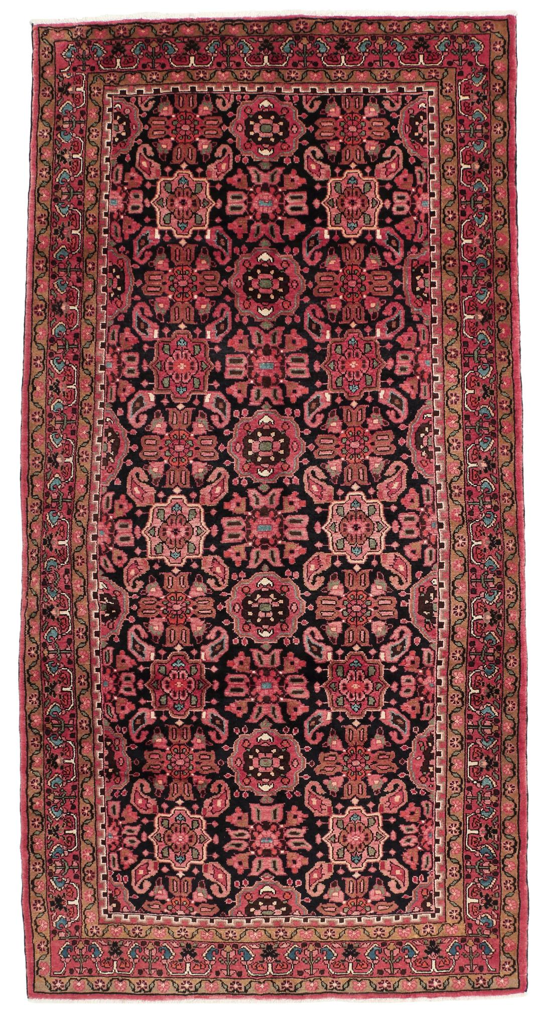 A rectangular hand-knotted Hamadan rug from the Middle East with a dark-red and black colour palette.
