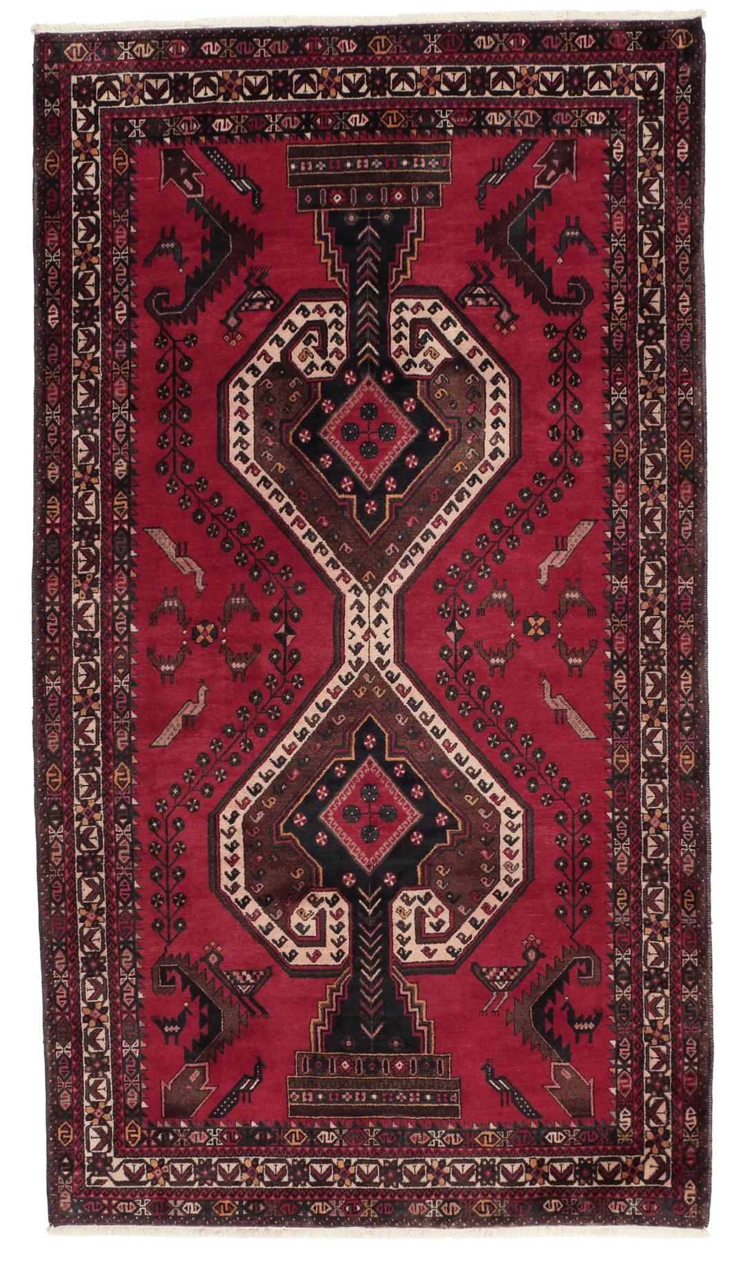 Et håndknyttet Afshar-tæppe fra Mellemøsten med et modigt rødt felt og geometriske motiver.