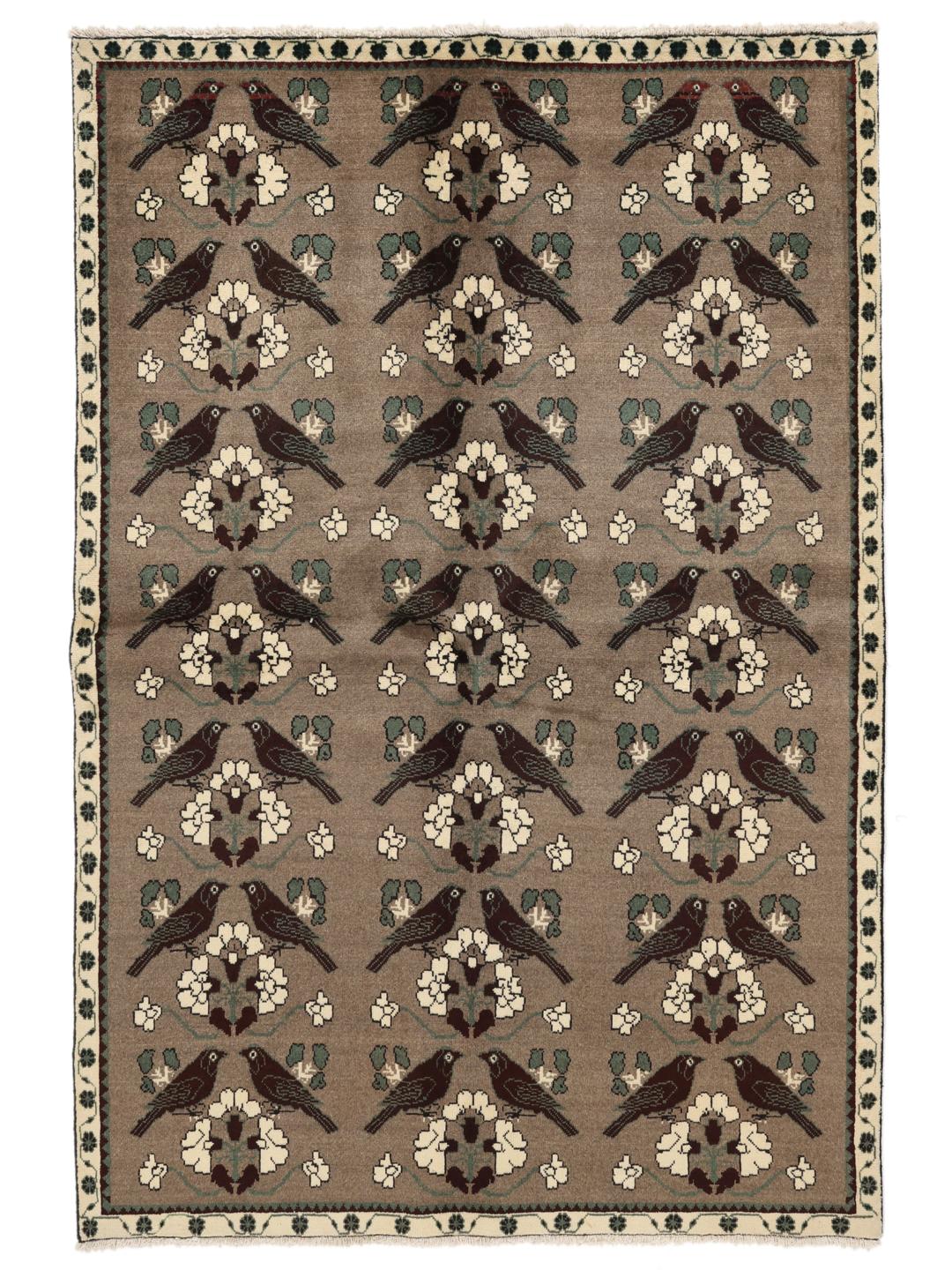 Hand-knotted Qashqai rug with bird and floral patterns in brown tones