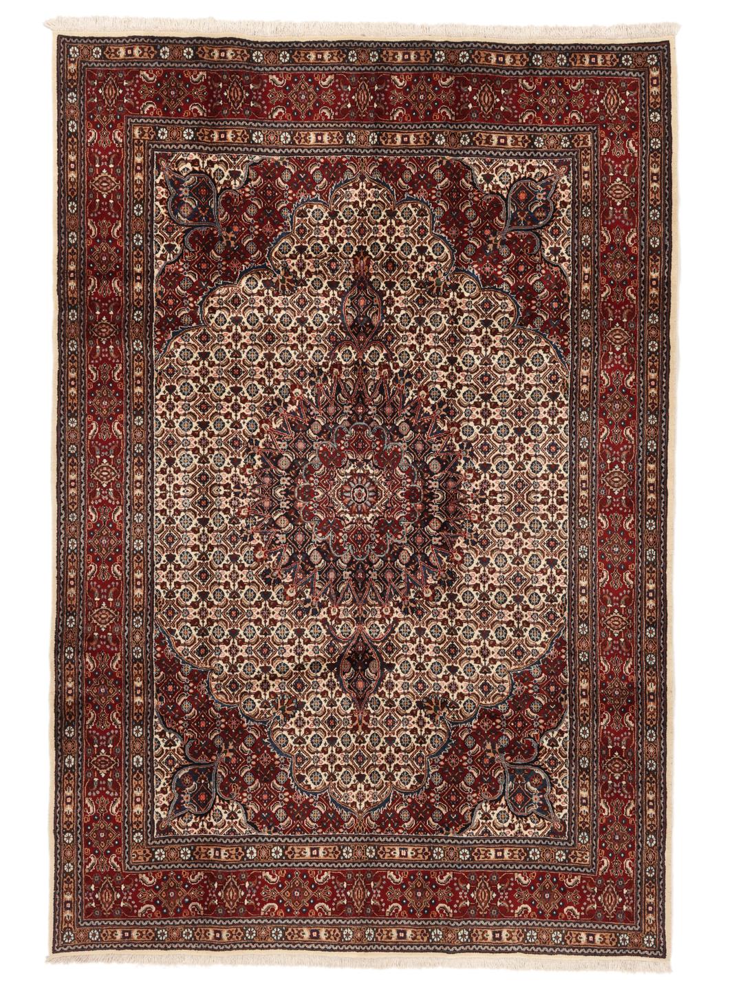 A one-of-a-kind hand-knotted Moud rug in dark-red and beige with an ornate floral medallion pattern.
