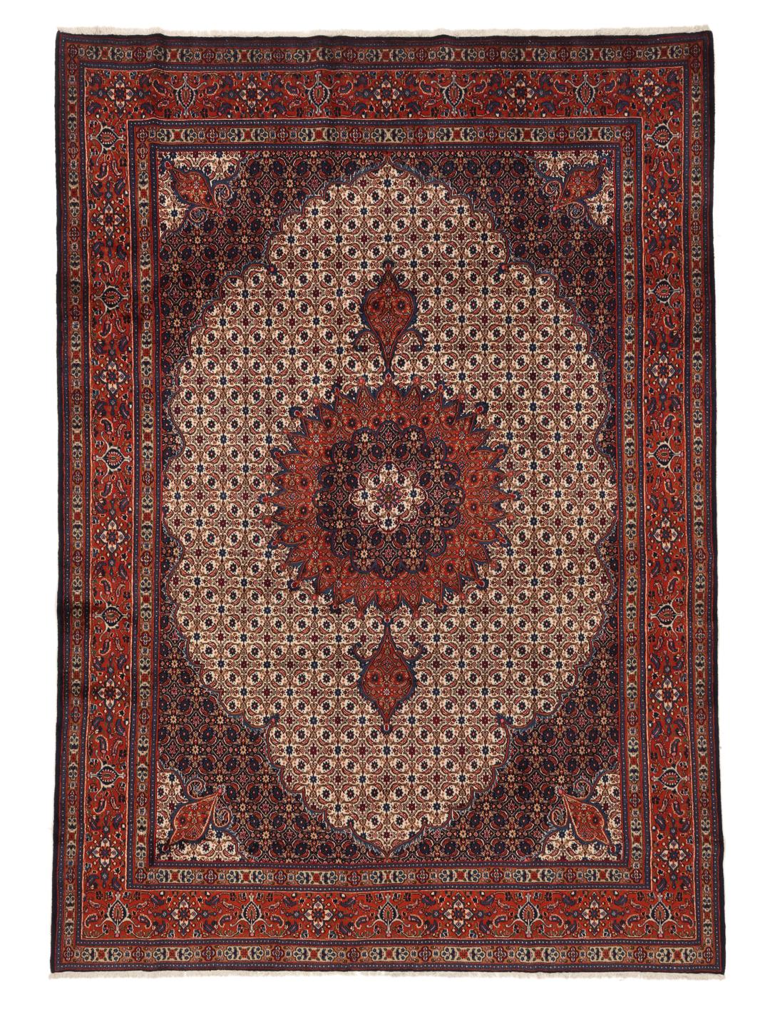 A hand-knotted Moud rug from the Middle East in dark-red and blue tones.