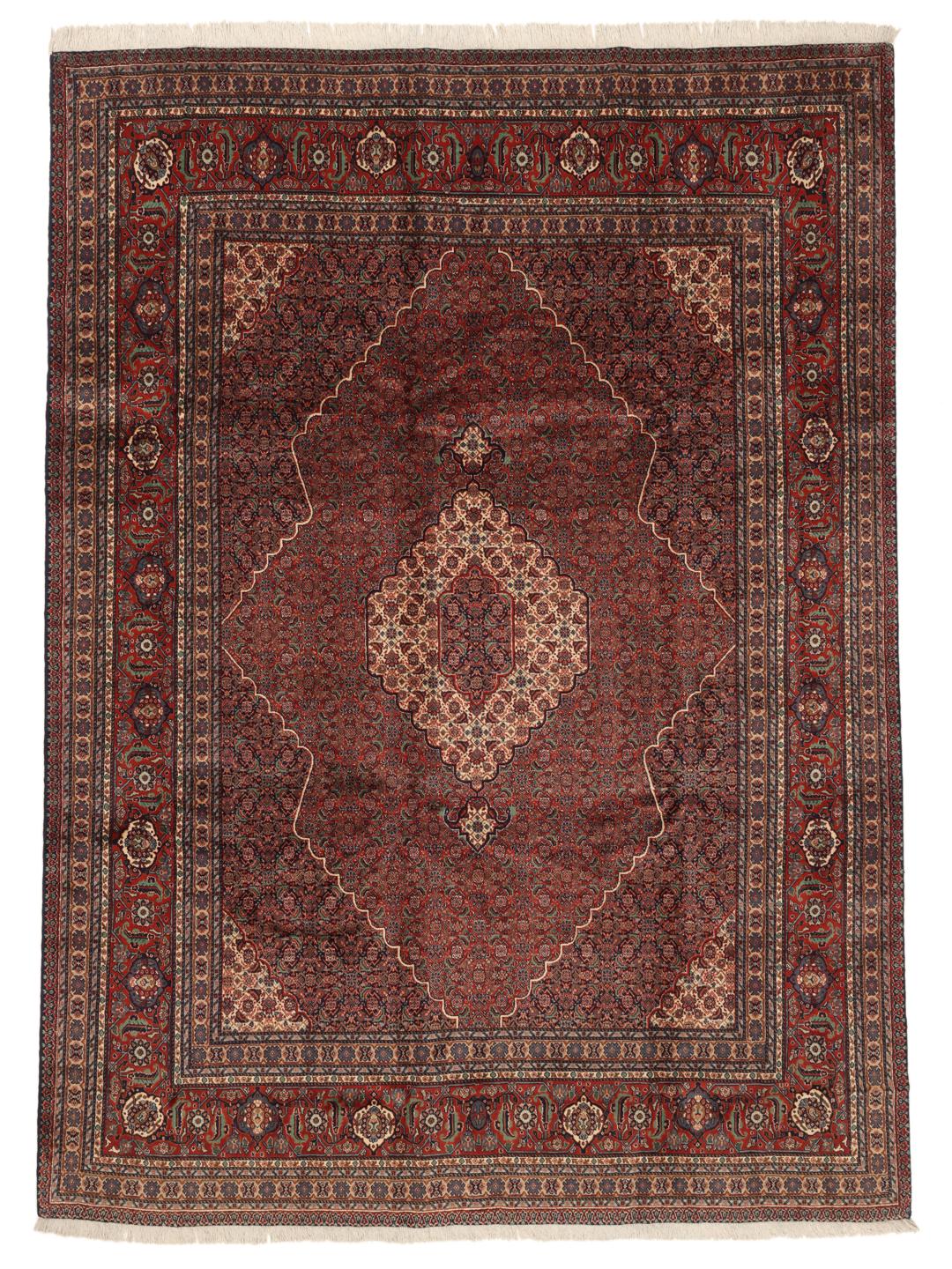 A large Moud rug from the Middle East featuring a dark-red field with a central medallion.