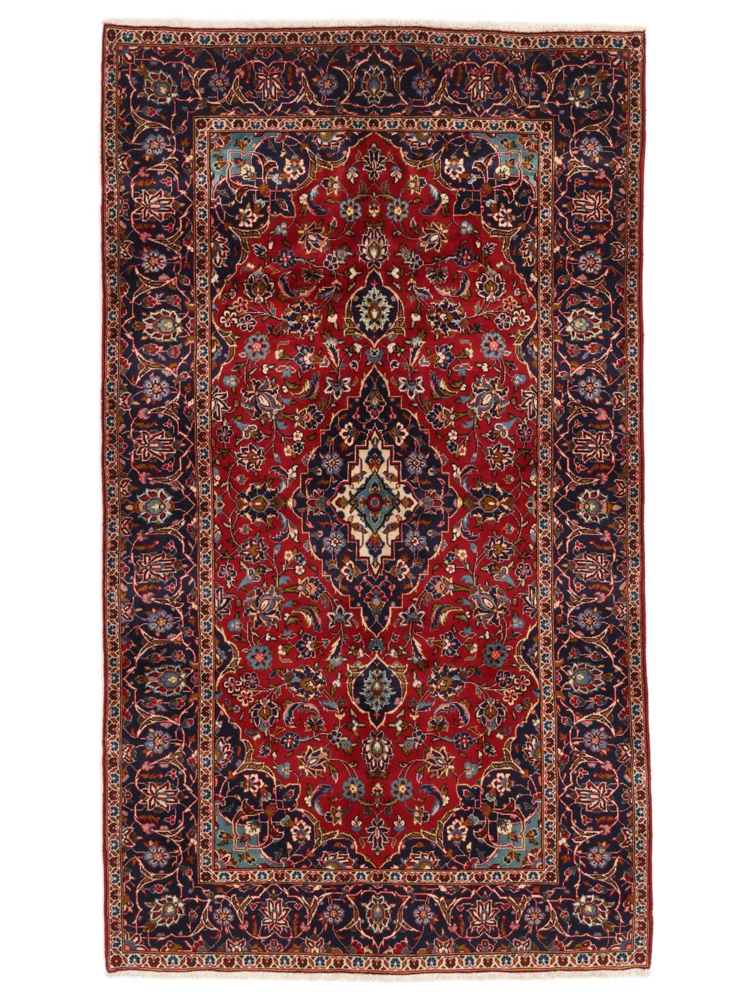 Hand-knotted Keshan rug from the Middle East in red and dark blue