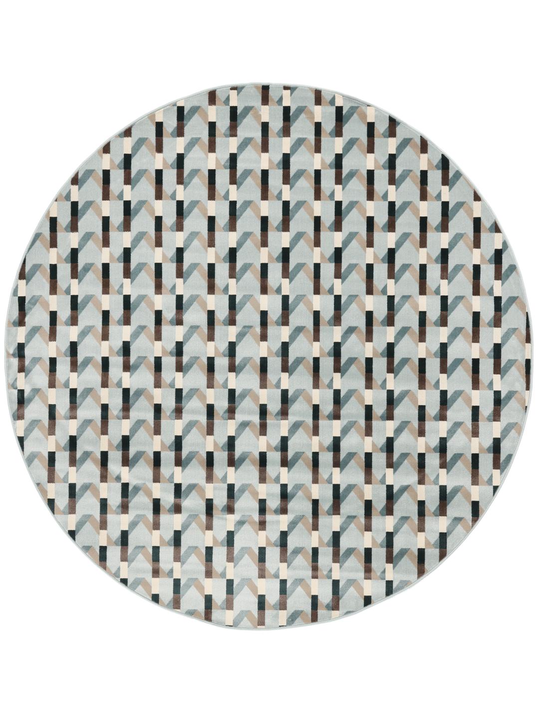 Tapis rond bleu clair avec un motif géométrique rythmé
