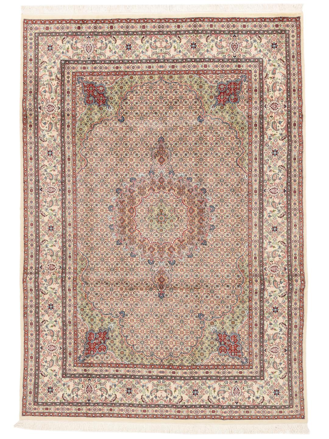 Hand-knotted Moud rug with intricate floral medallion and beige field from the Middle East
