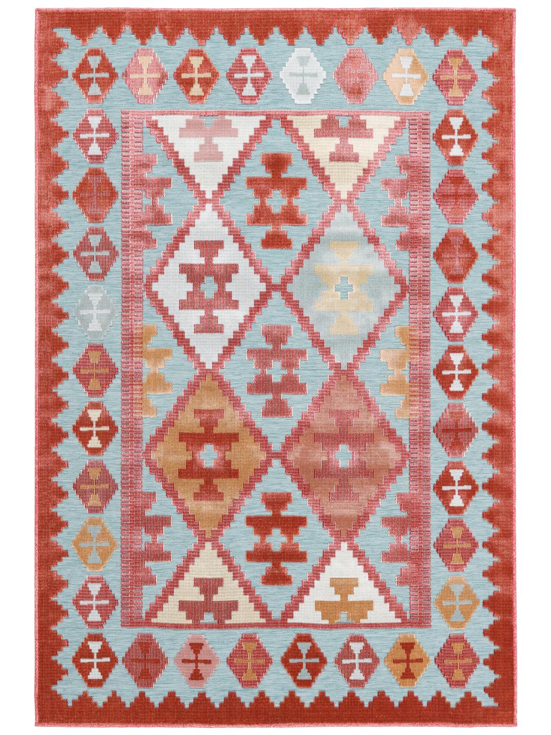 Turquoise vloerkleed met geometrisch kilim patroon
