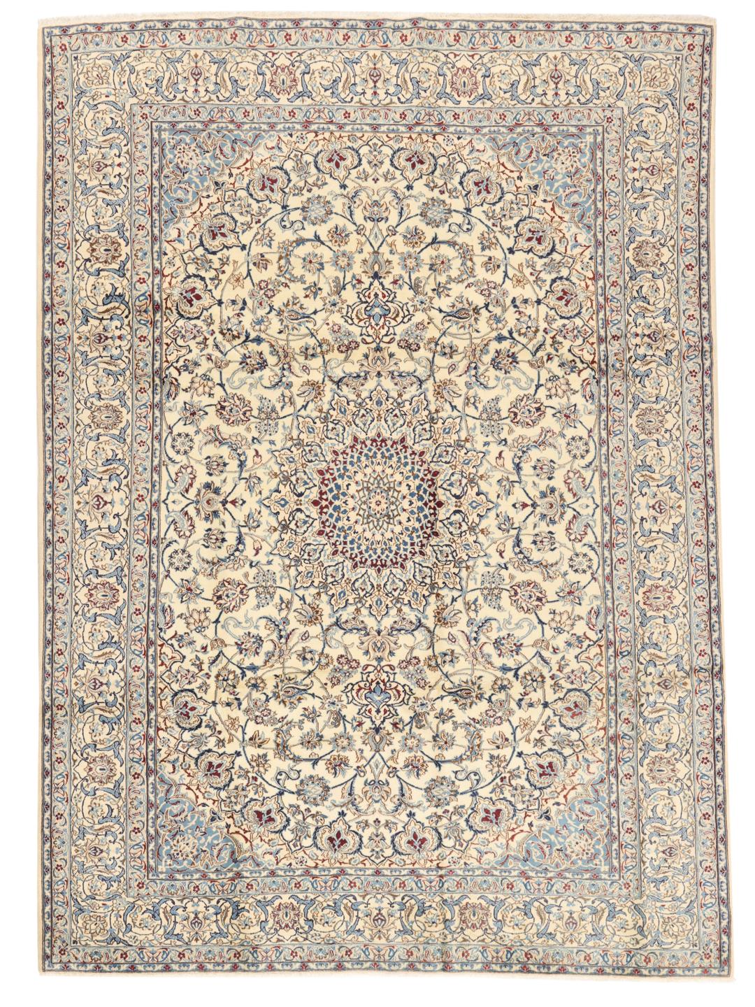 A large, rectangular Nain 9La rug with intricate blue and red floral patterns on a beige field, originating from the Middle East.