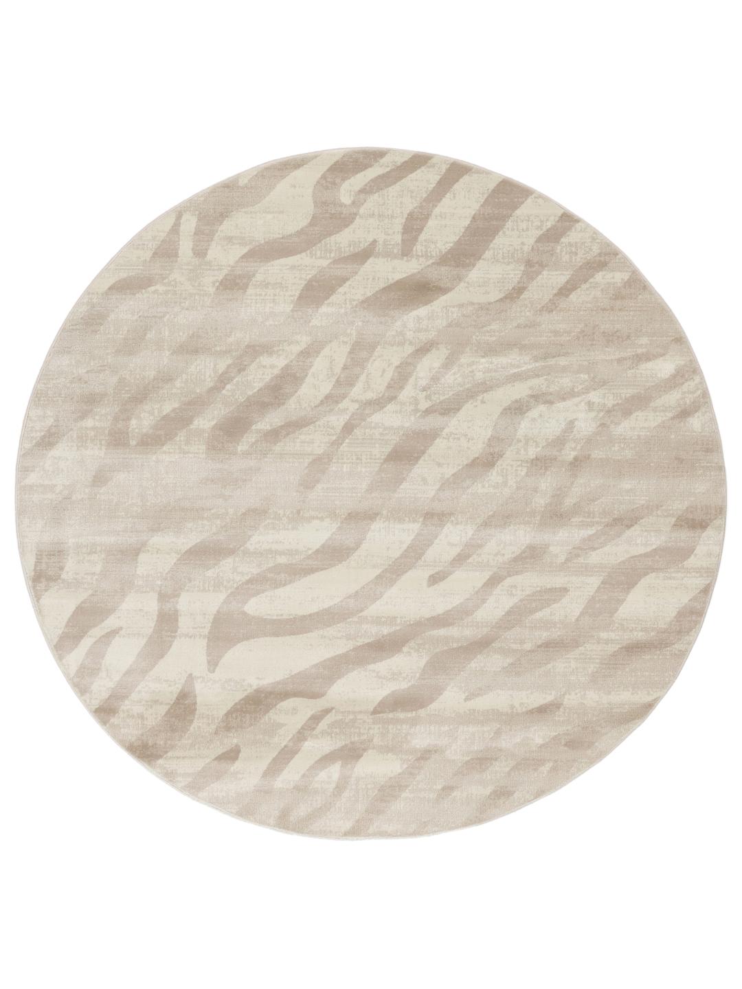 Cirkulært beige tæppe med et diskret zebramønster