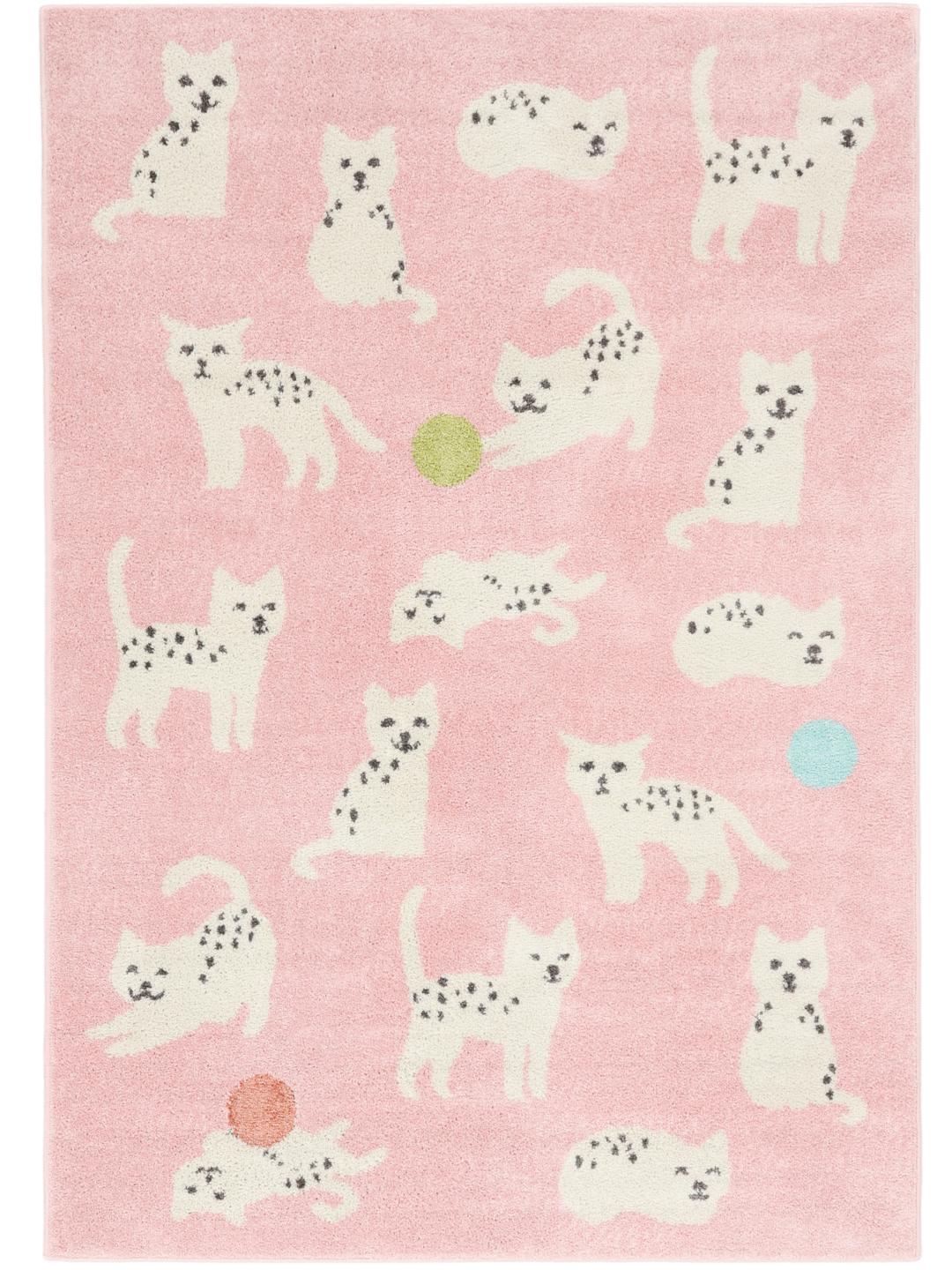roze tapijt met speelse kattenmotieven en garenbollen