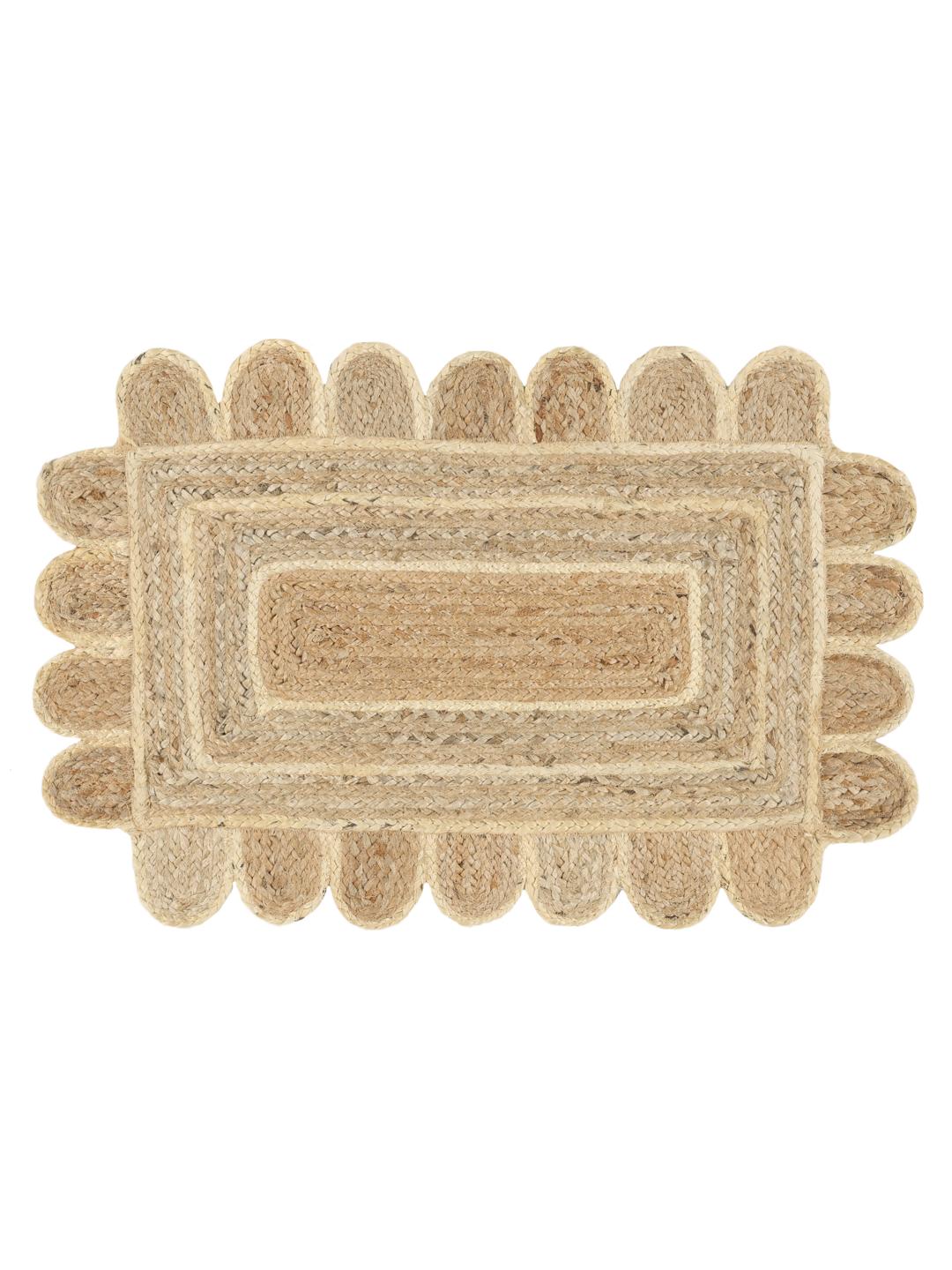 Beige en witte geweven deurmat met een schulprand