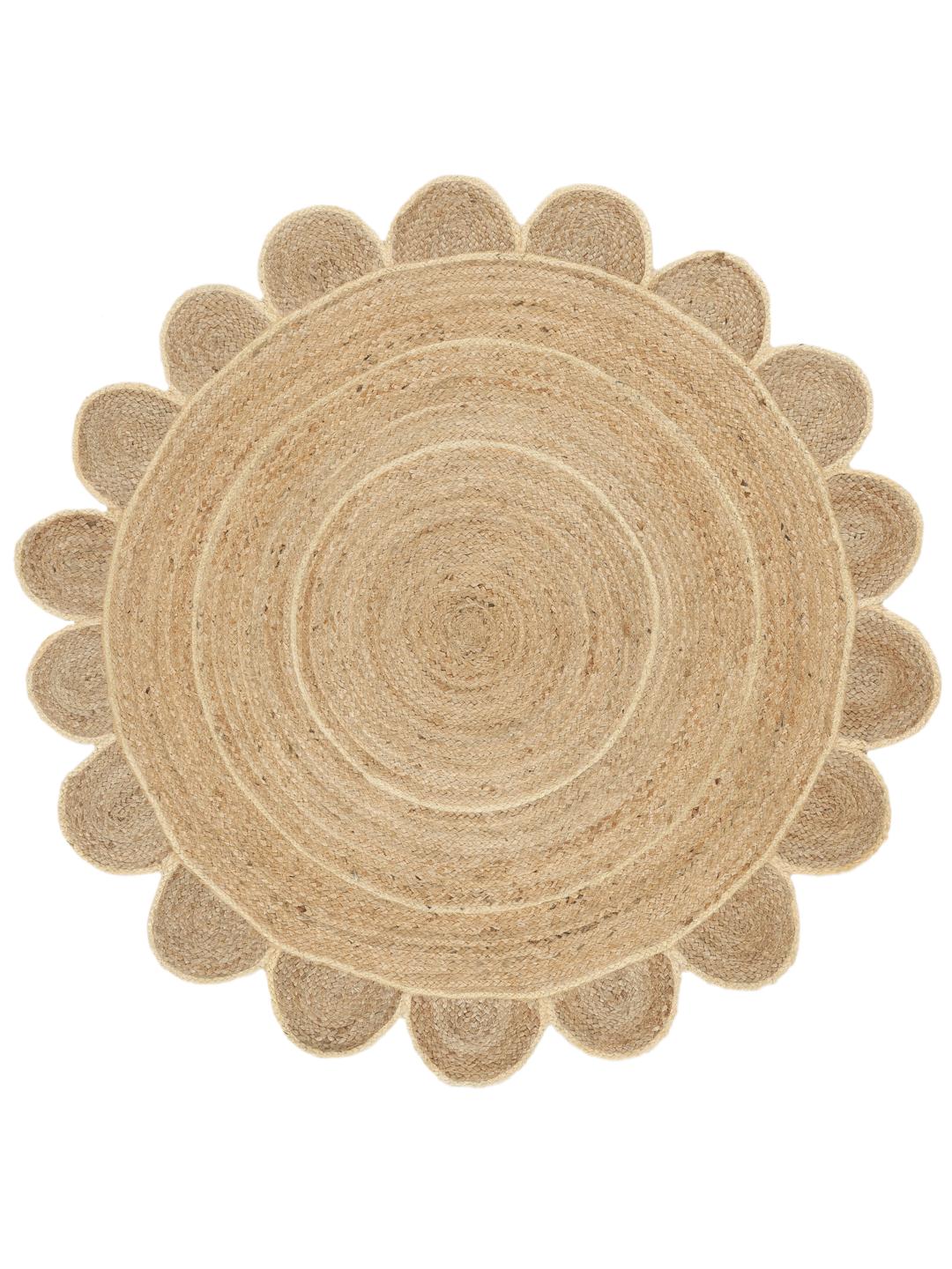 Rond beige jute vloerkleed met een schulprand