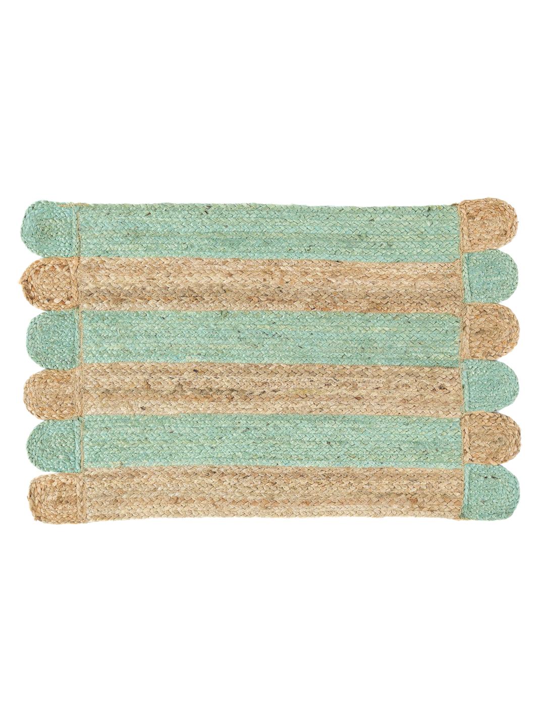Handgemaakt groen en beige vloerkleed met streepjespatroon