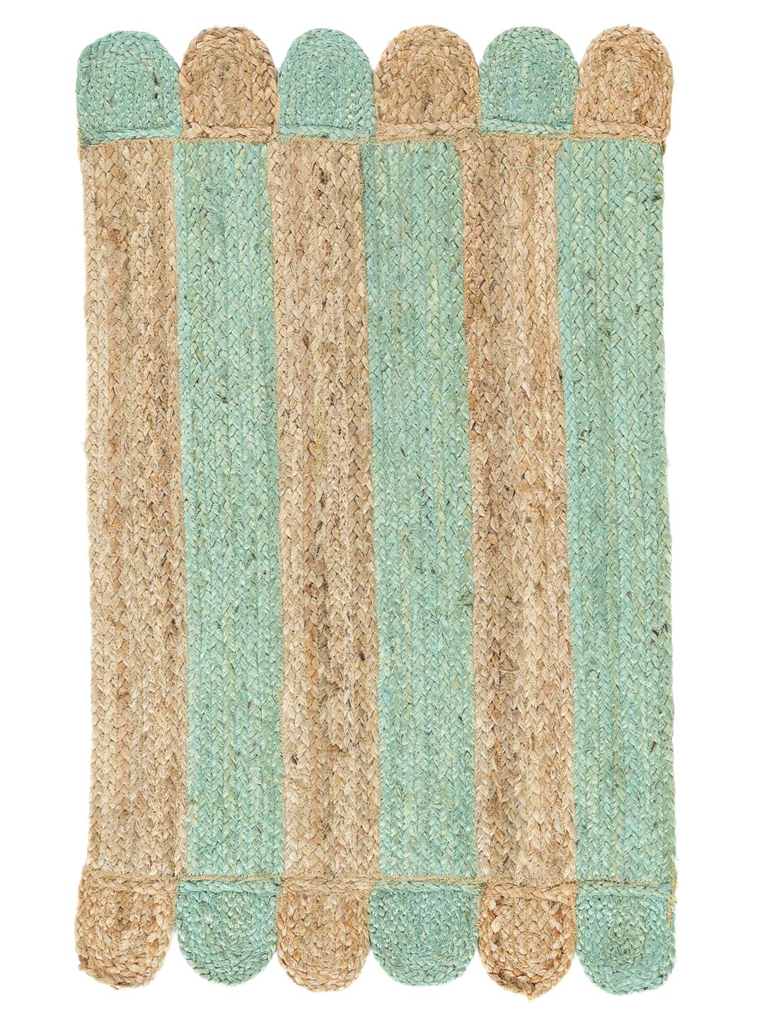 Handgemaakt groen en beige vloerkleed met streepjespatroon