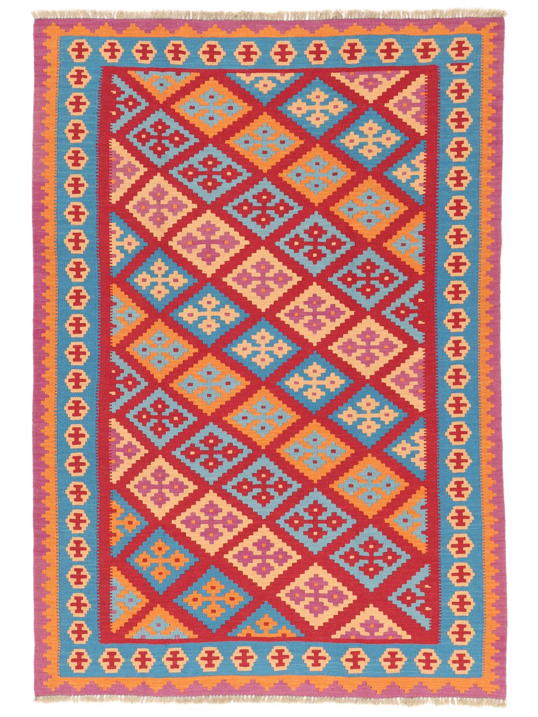 A hand-woven Kelim Ghashghai rug from the Middle East with a vibrant multicolor geometric pattern.