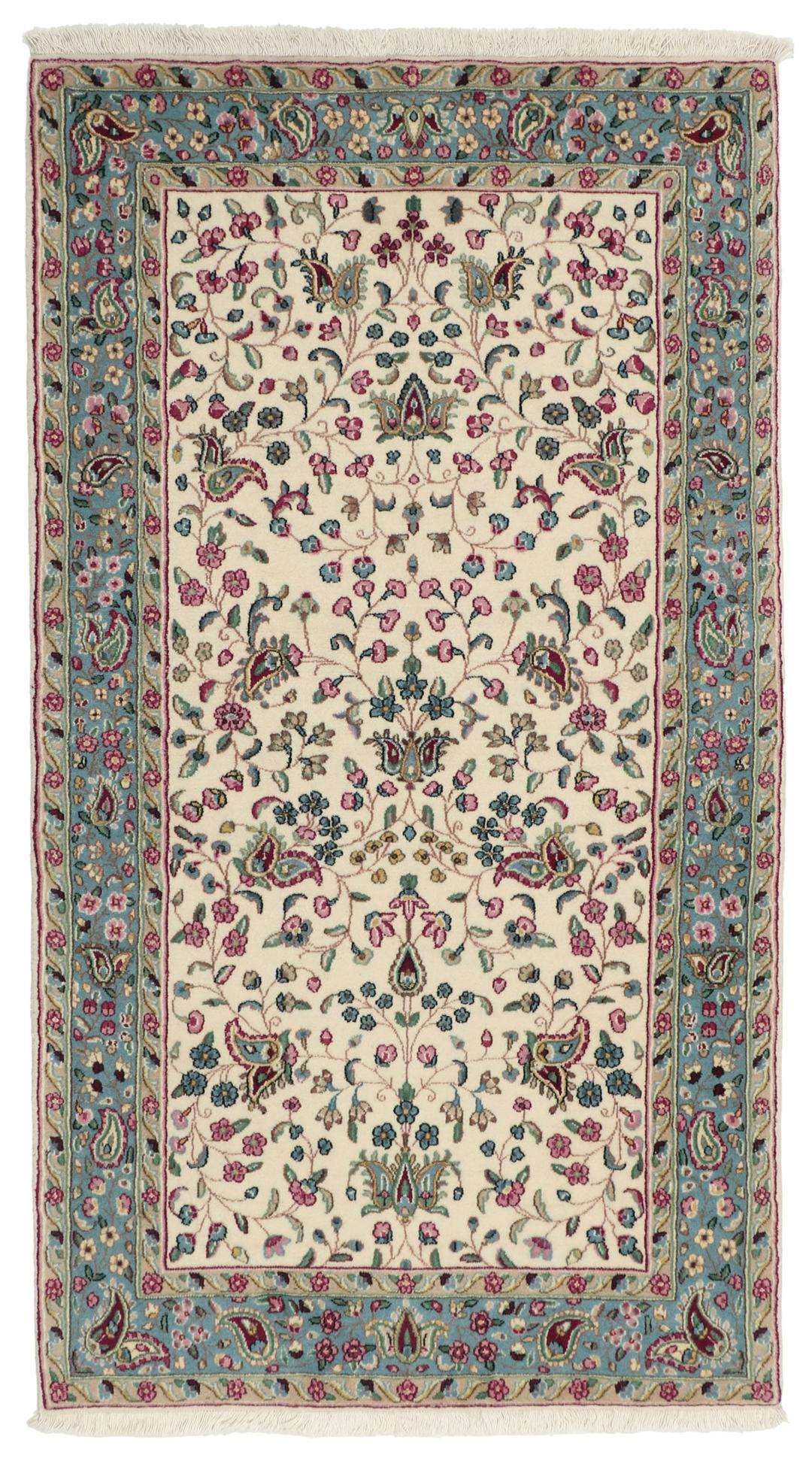 Tapis Kerman noué à la main du Moyen-Orient avec un motif floral en beige et bleu
