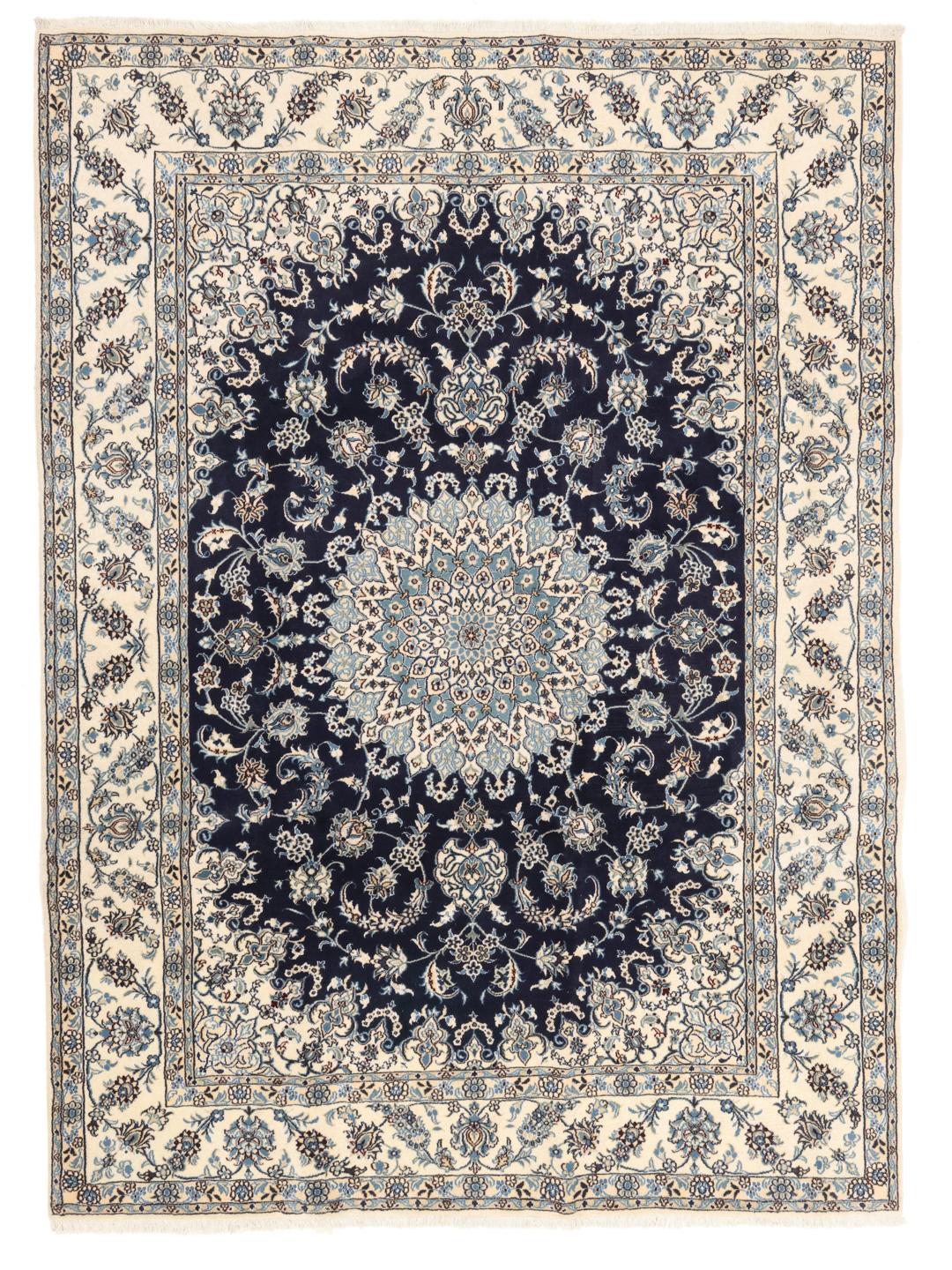 Hand-knotted Middle Eastern Nain rug featuring a dark-blue field with intricate floral patterns.
