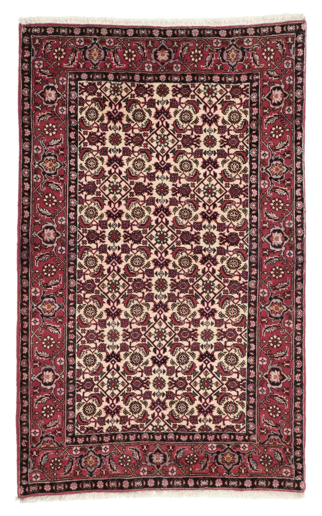 Handgeknoopt Bidjar-tapijt uit het Midden-Oosten in rood en beige met ingewikkelde bloempatronen.