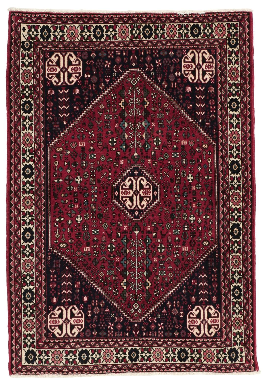 Håndknyttet Abadeh-tæppe med et rødt og blåt blomstermedallion-design fra Mellemøsten