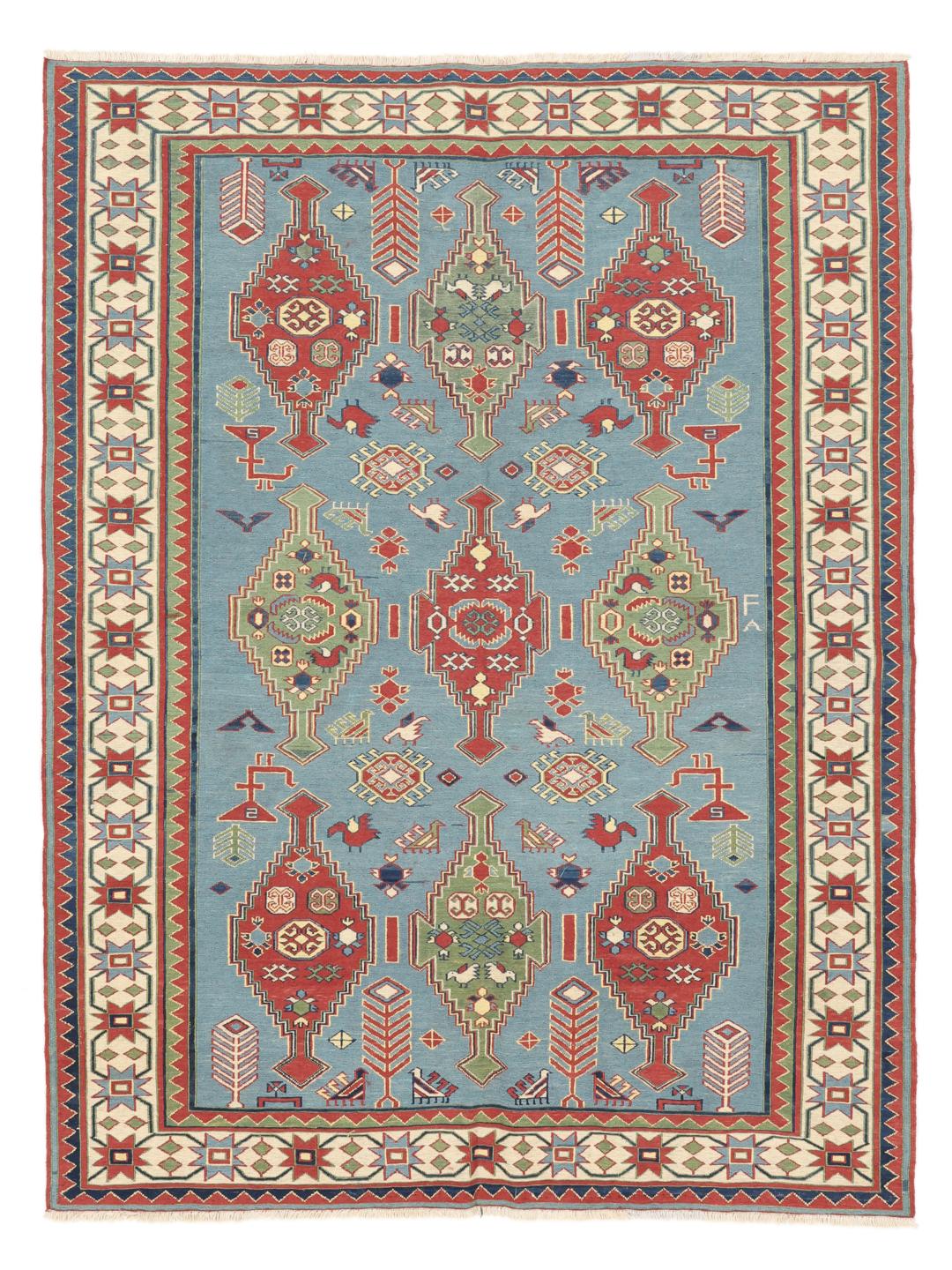 Handgeweven Afghaans Kelim-tapijt met geometrische motieven in blauwe, rode en groene tinten.