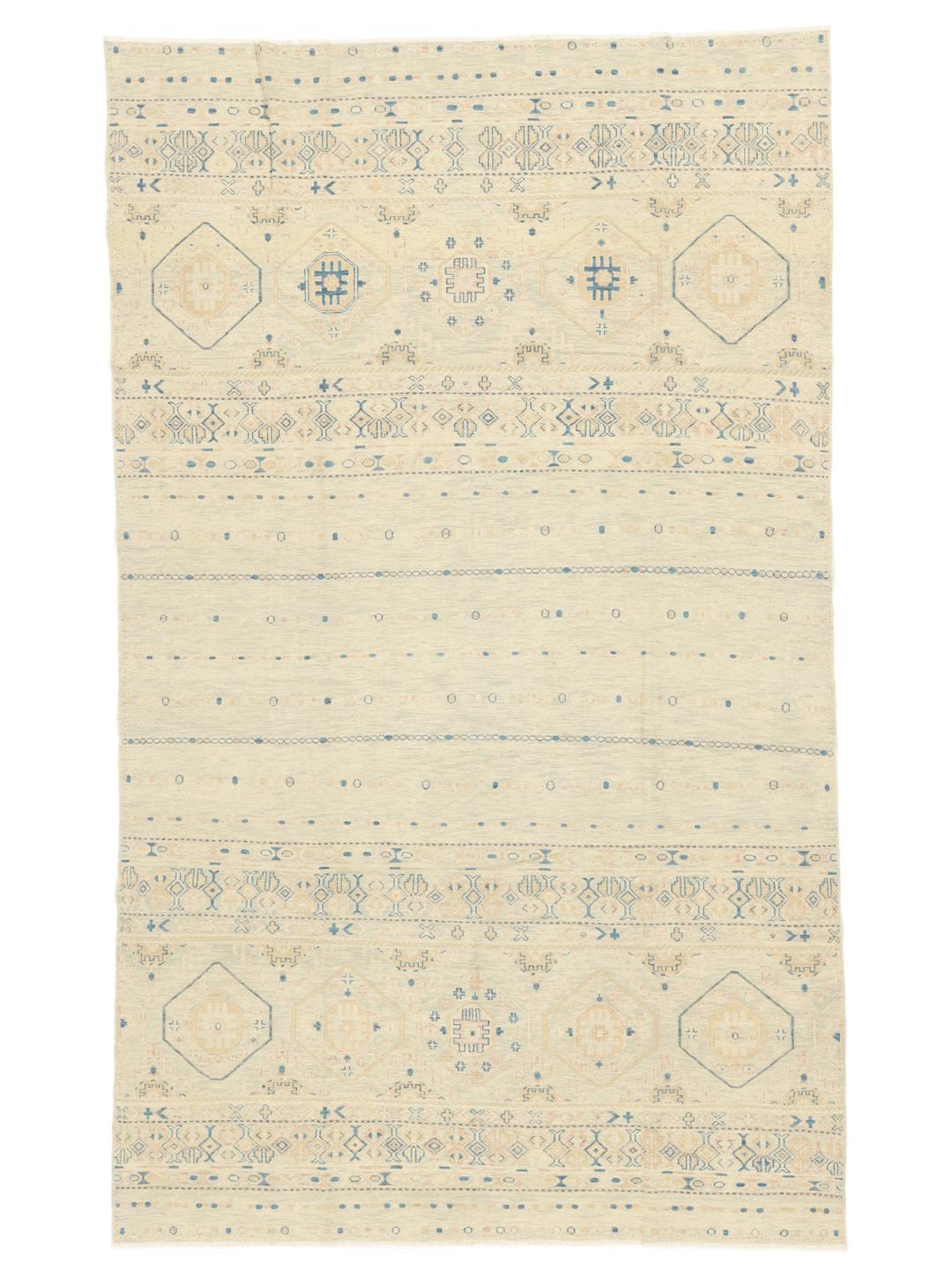 Handgeweven Afghaans Kelim-tapijt met blauwe geometrische patronen op een beige achtergrond