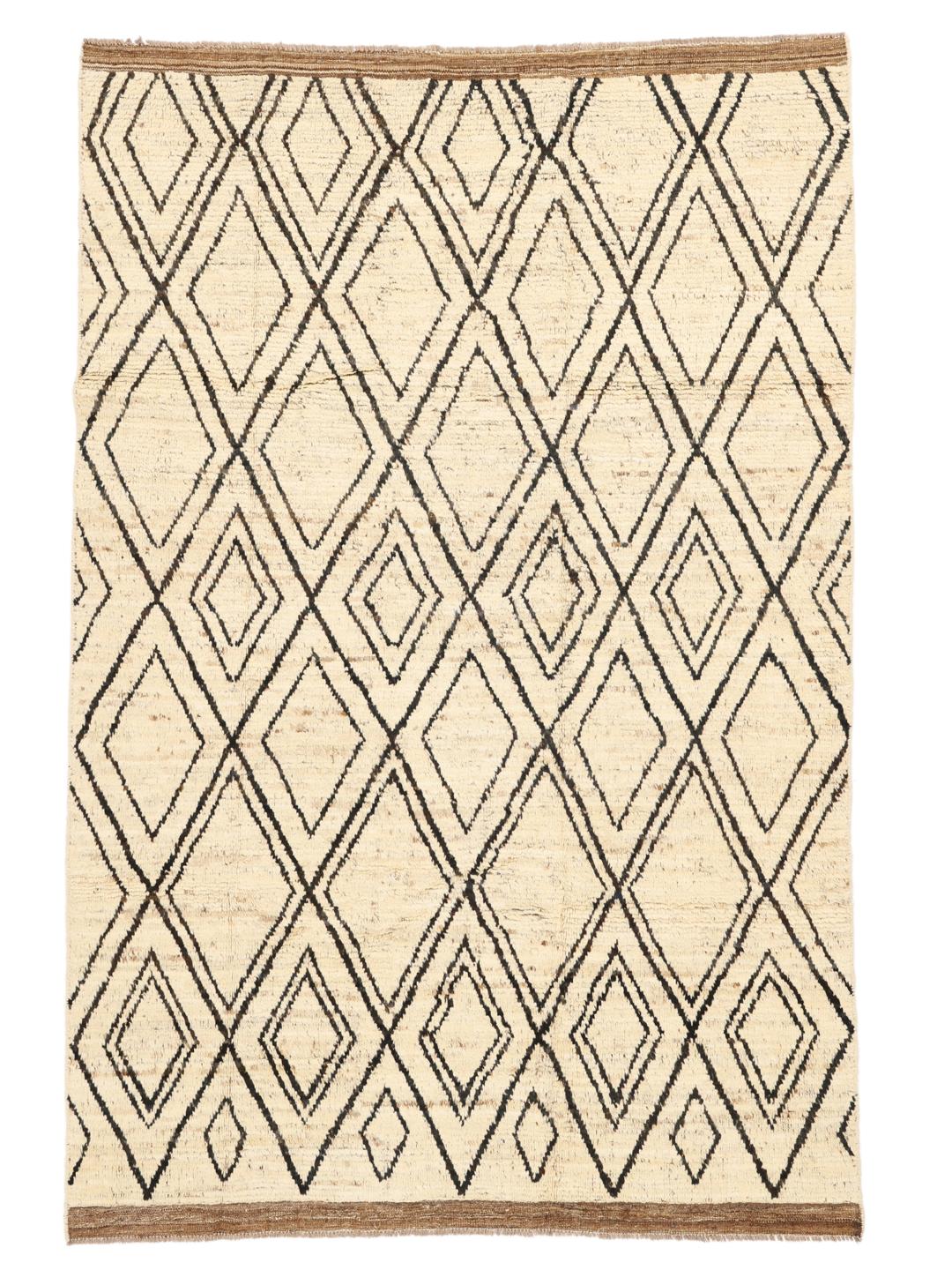 Hand-knotted Afghan rug featuring a geometric diamond pattern in beige and black