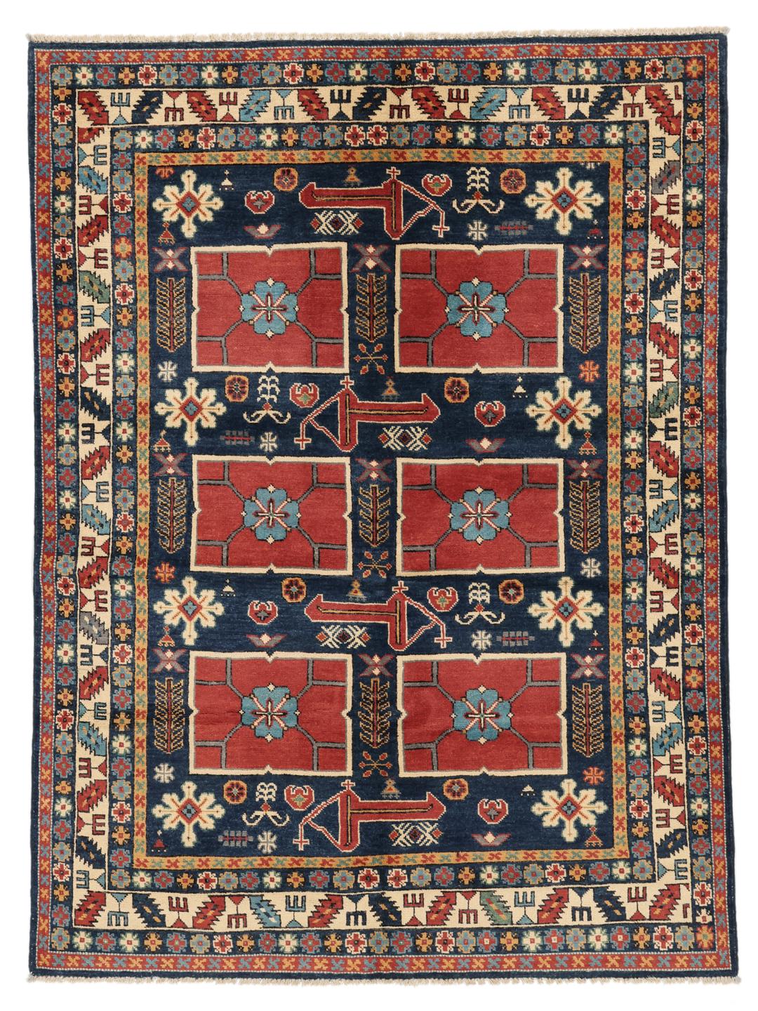 Tapis Kazak noué à la main originaire d'Afghanistan présentant un motif géométrique multicolore vibrant