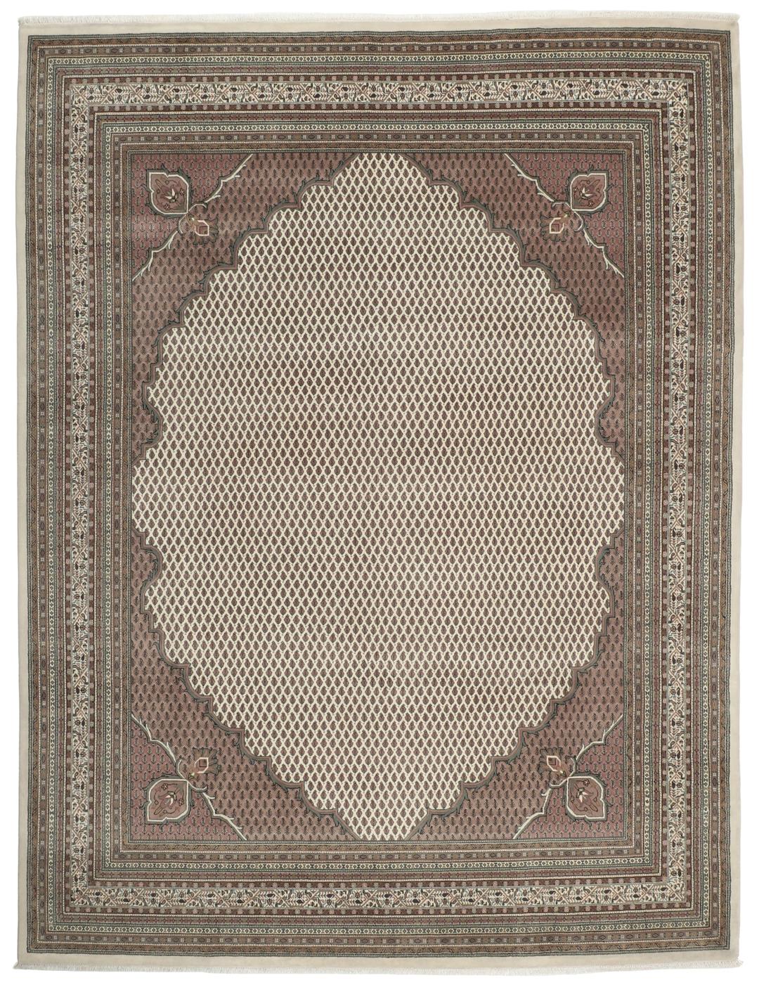 A large rectangular hand-knotted Sarouk Mir rug from India in shades of brown and beige.