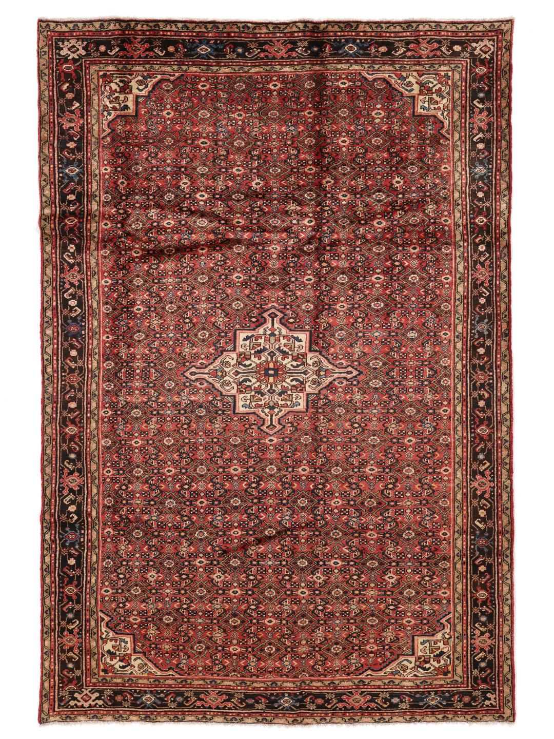 Hand-knotted Hosseinabad rug from the Middle East in deep red and black