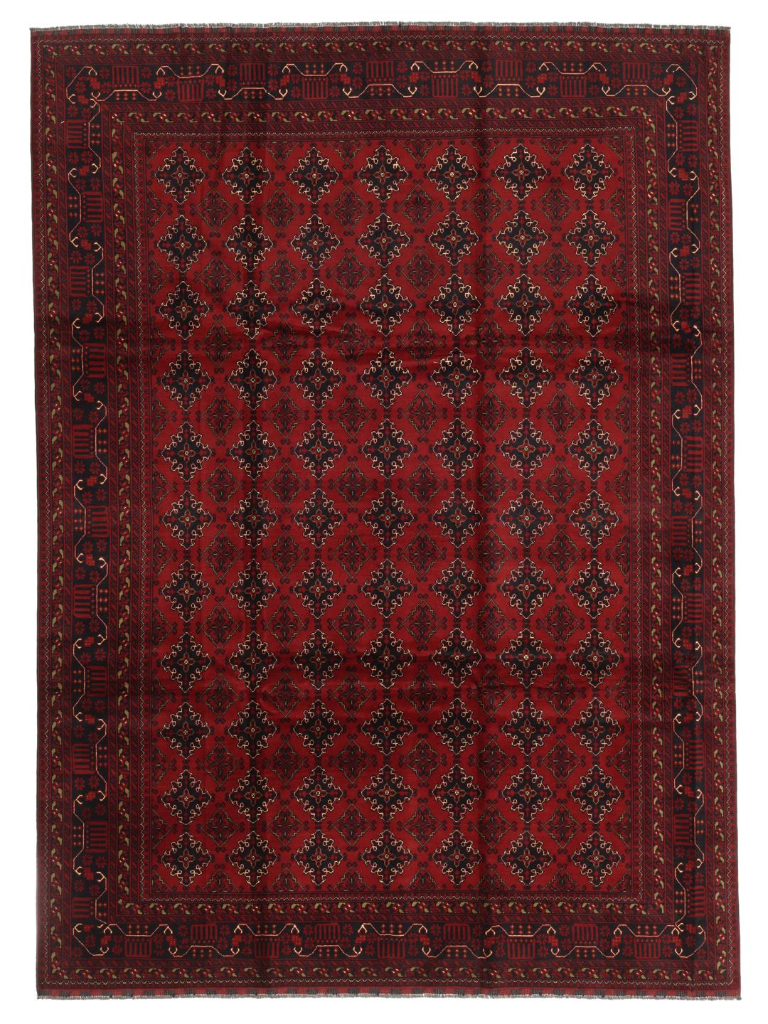 Hand-knotted Afghan Kunduz rug with red and black geometric patterns