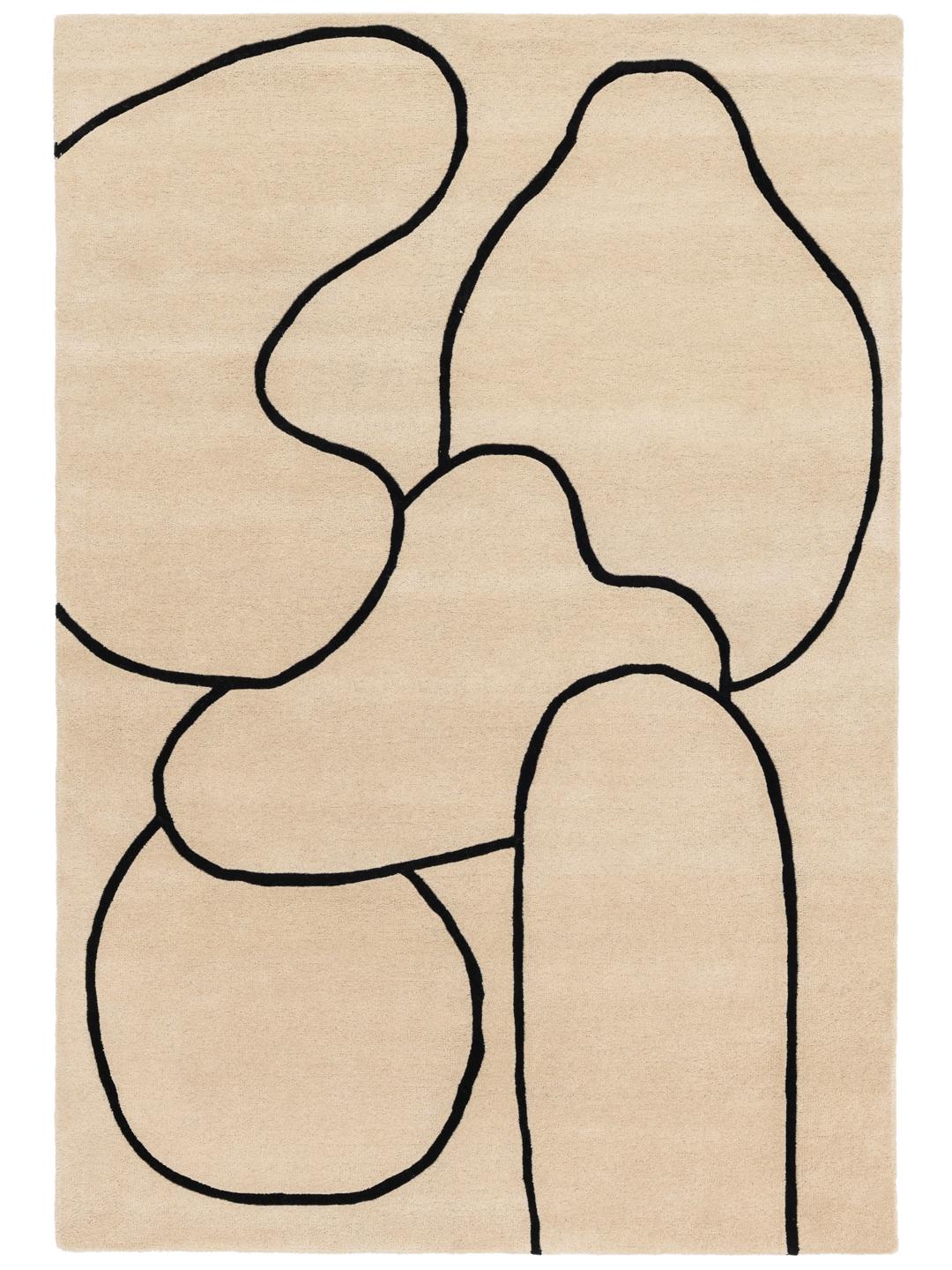 Beige en zwart handgetuft wollen tapijt met organische abstracte lijnen
