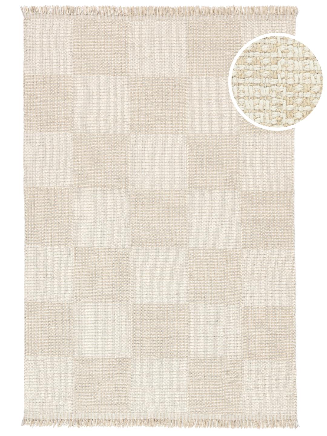 Beige en wit geruit vloerkleed met franjes